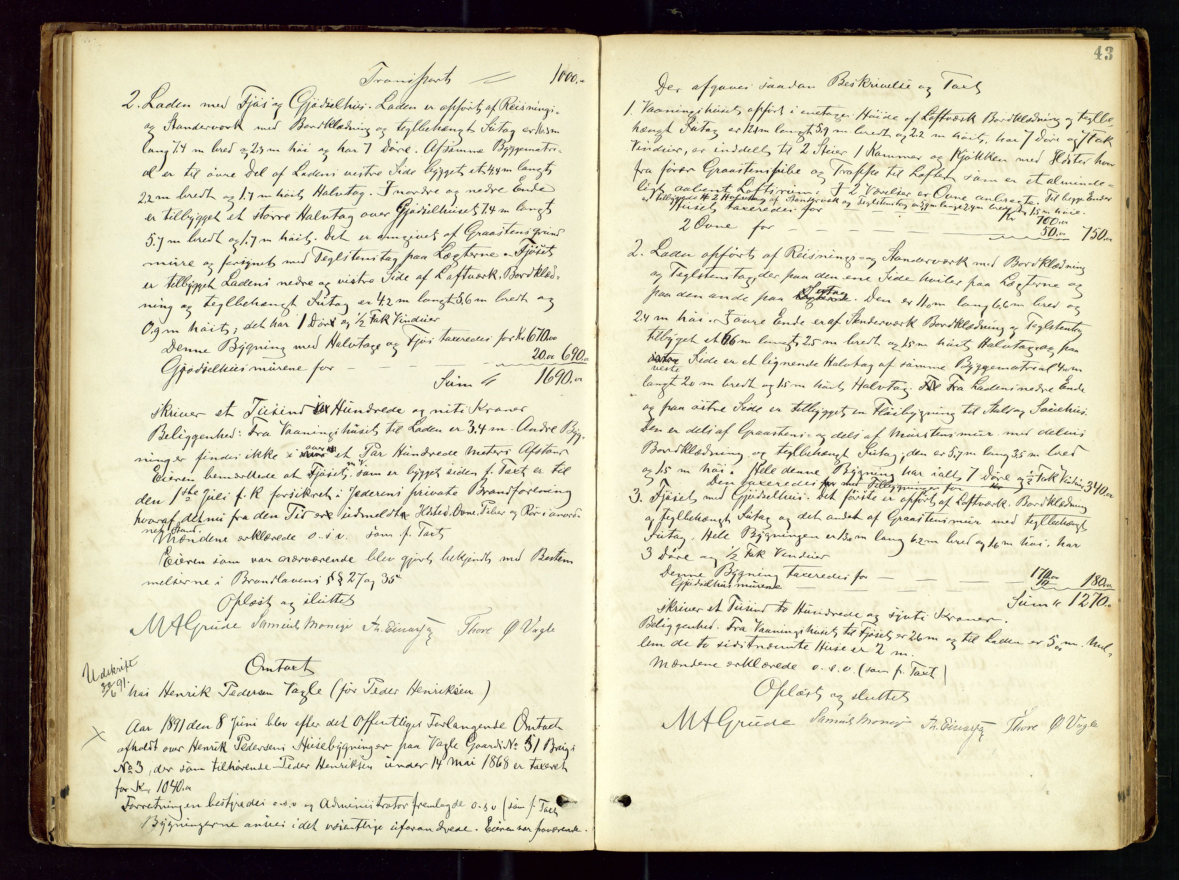 Høyland/Sandnes lensmannskontor, AV/SAST-A-100166/Goa/L0002: "Brandtaxtprotokol for Landafdelingen i Høiland", 1880-1917, p. 42b-43a