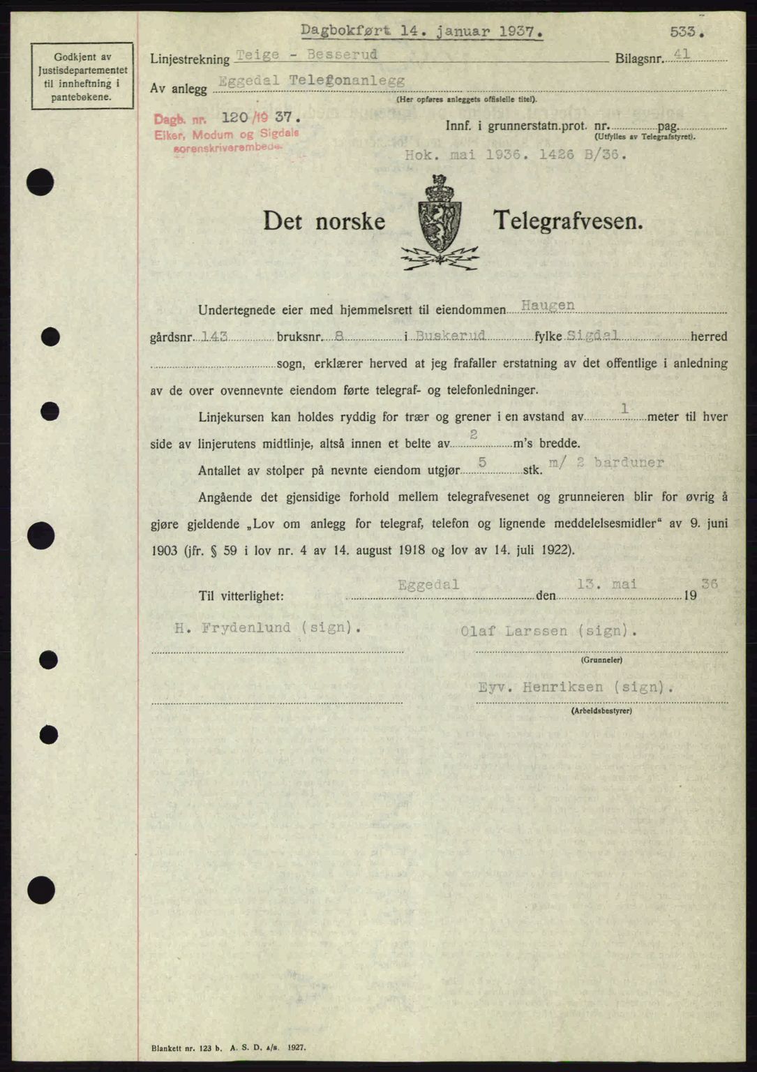 Eiker, Modum og Sigdal sorenskriveri, SAKO/A-123/G/Ga/Gab/L0034: Mortgage book no. A4, 1936-1937, Diary no: : 120/1937