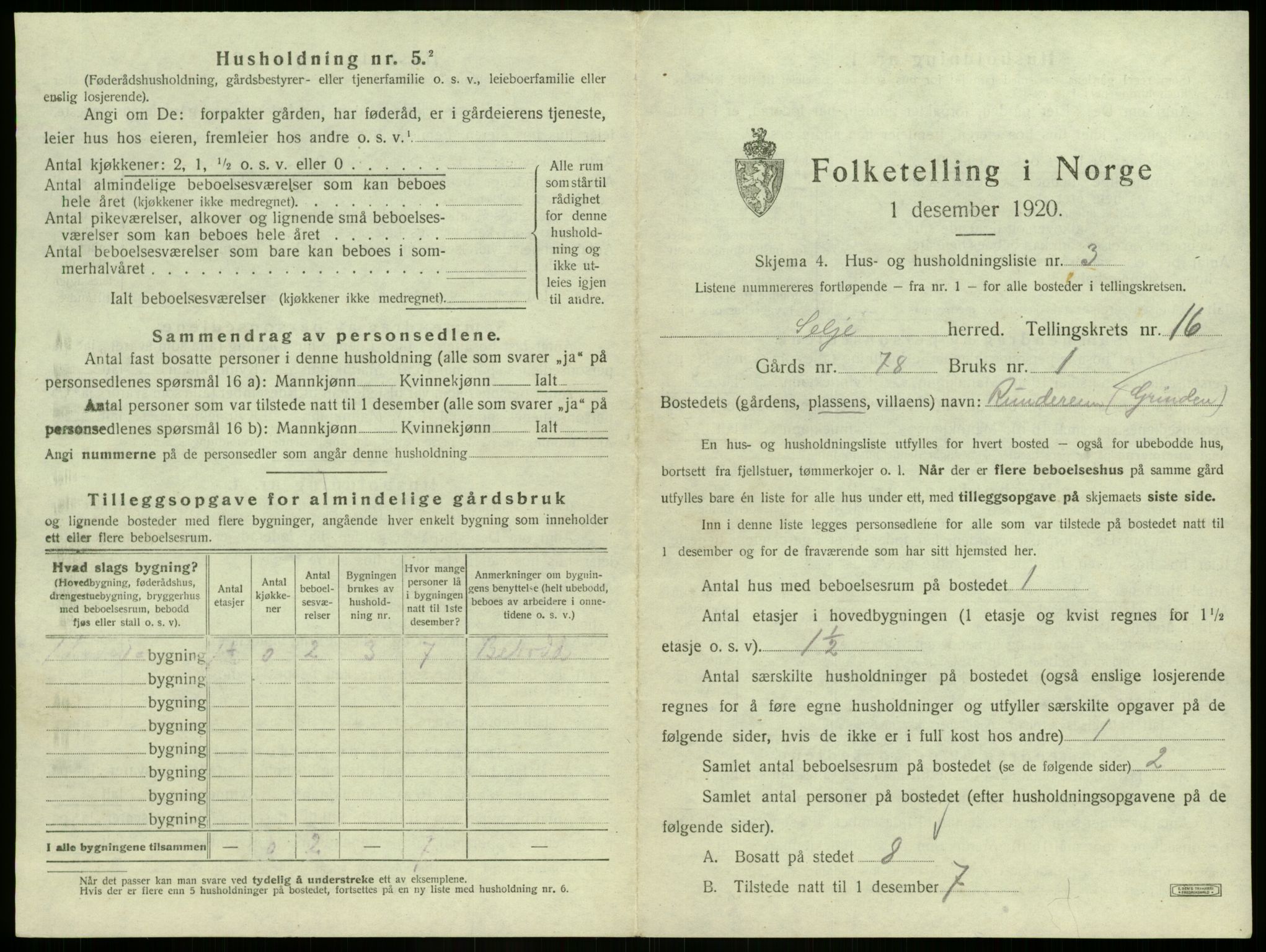 SAB, 1920 census for Selje, 1920, p. 984