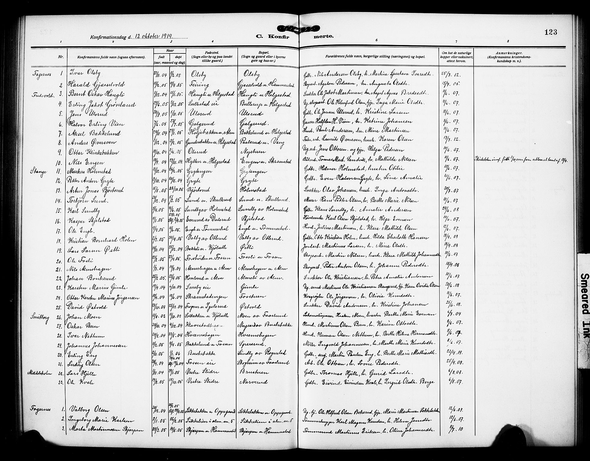 Østre Toten prestekontor, SAH/PREST-104/H/Ha/Hab/L0008: Parish register (copy) no. 8, 1913-1929, p. 123