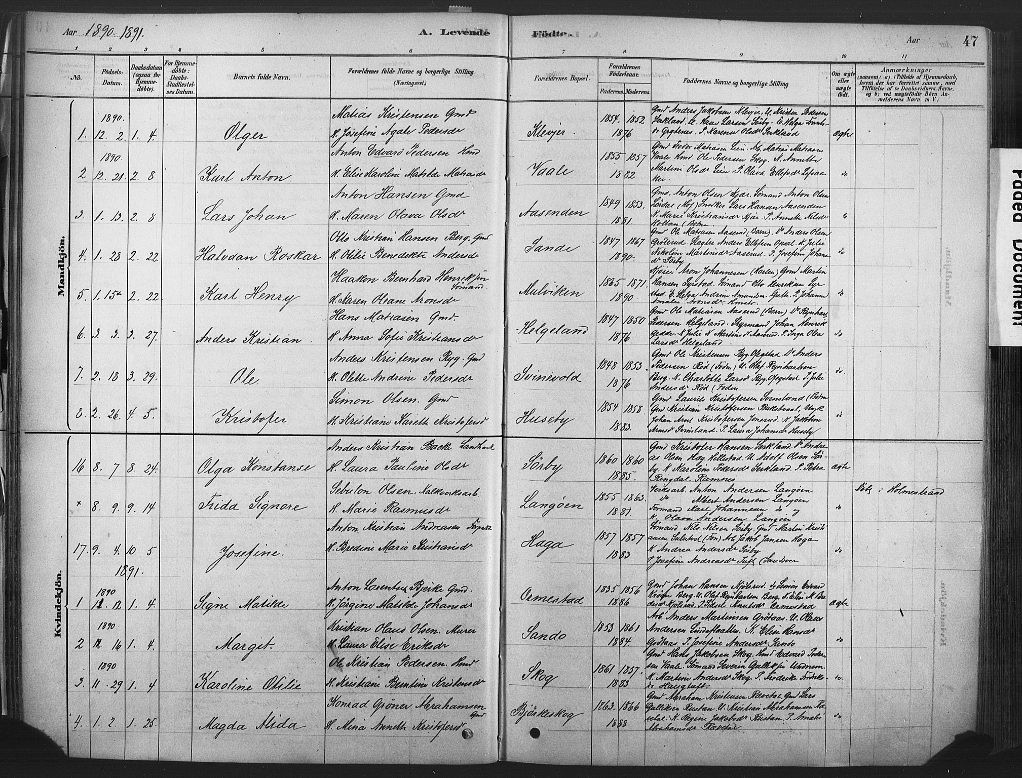 Våle kirkebøker, SAKO/A-334/F/Fa/L0011: Parish register (official) no. I 11, 1878-1906, p. 47