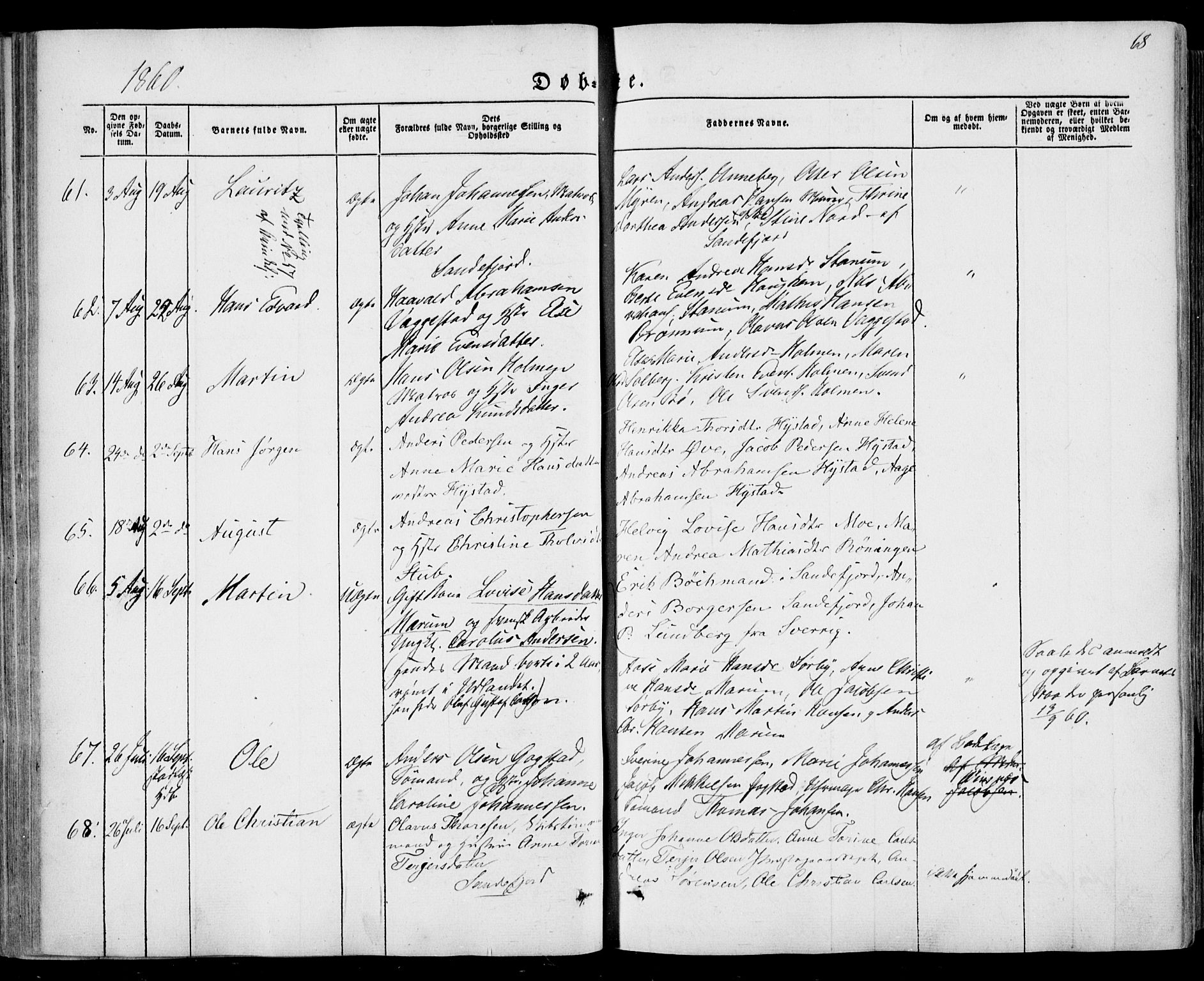 Sandar kirkebøker, SAKO/A-243/F/Fa/L0007: Parish register (official) no. 7, 1855-1861, p. 68