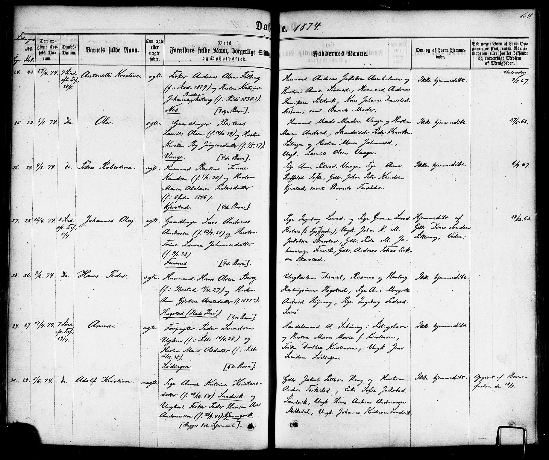 Ministerialprotokoller, klokkerbøker og fødselsregistre - Nordland, AV/SAT-A-1459/872/L1034: Parish register (official) no. 872A09, 1864-1884, p. 64