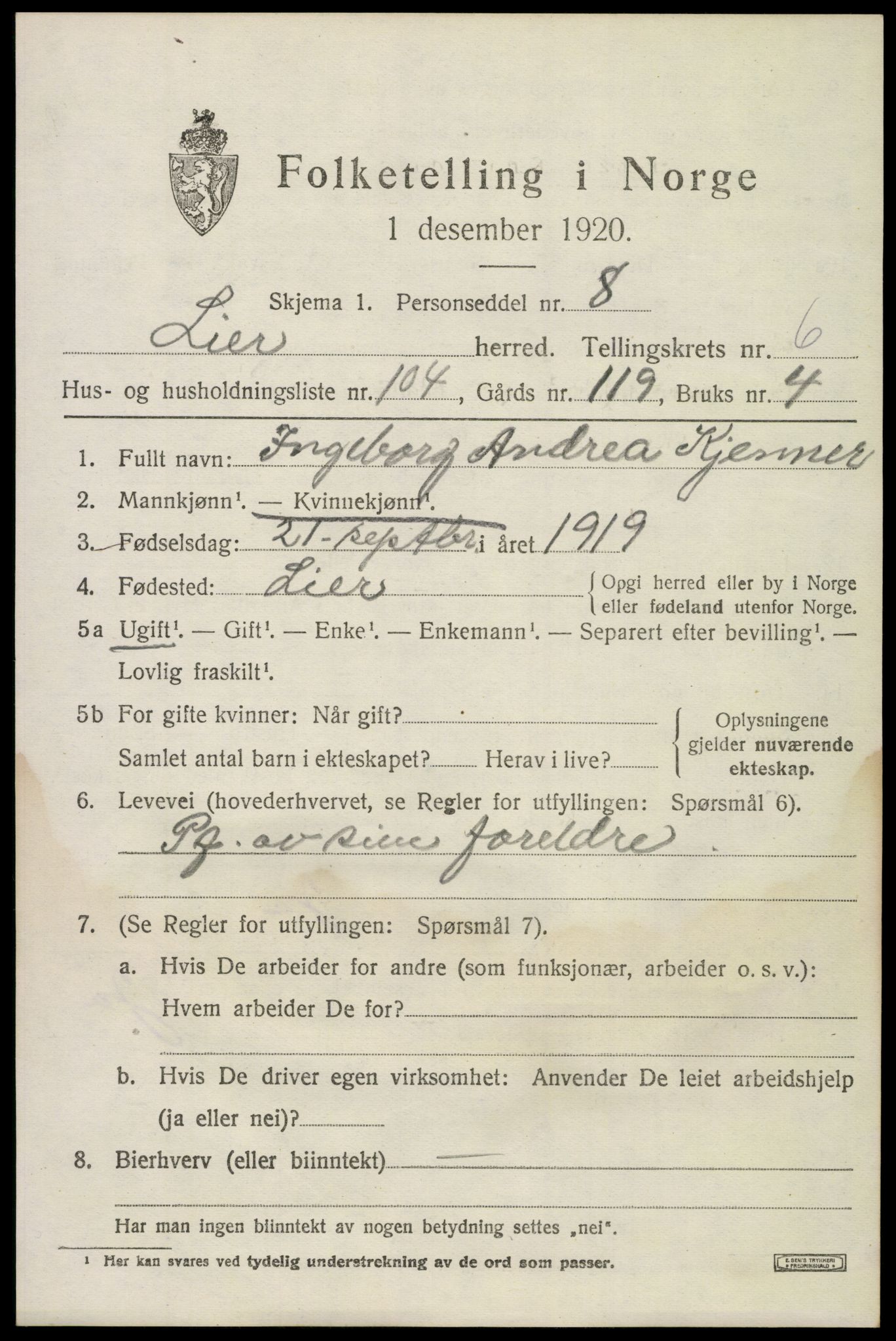 SAKO, 1920 census for Lier, 1920, p. 12490