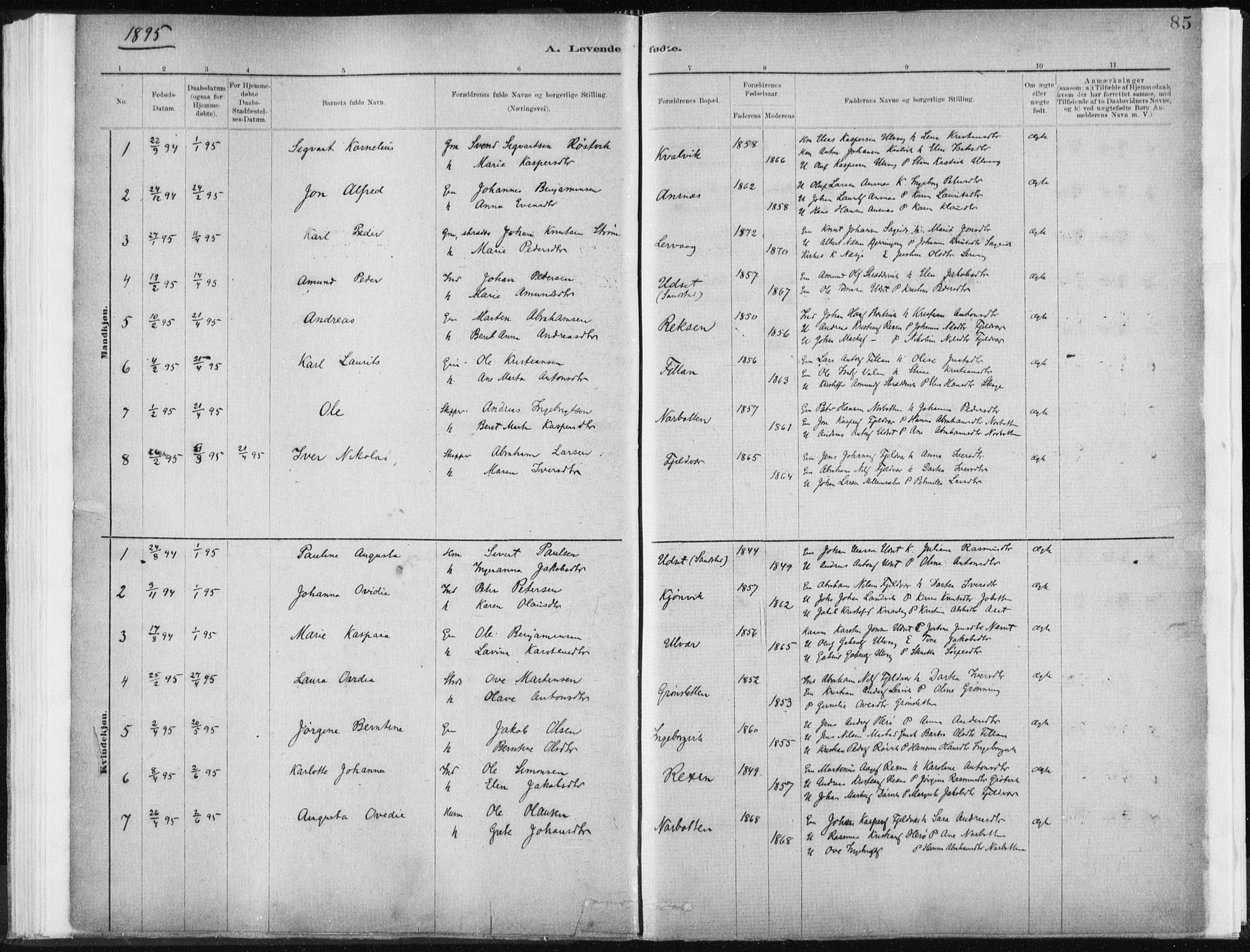 Ministerialprotokoller, klokkerbøker og fødselsregistre - Sør-Trøndelag, SAT/A-1456/637/L0558: Parish register (official) no. 637A01, 1882-1899, p. 85