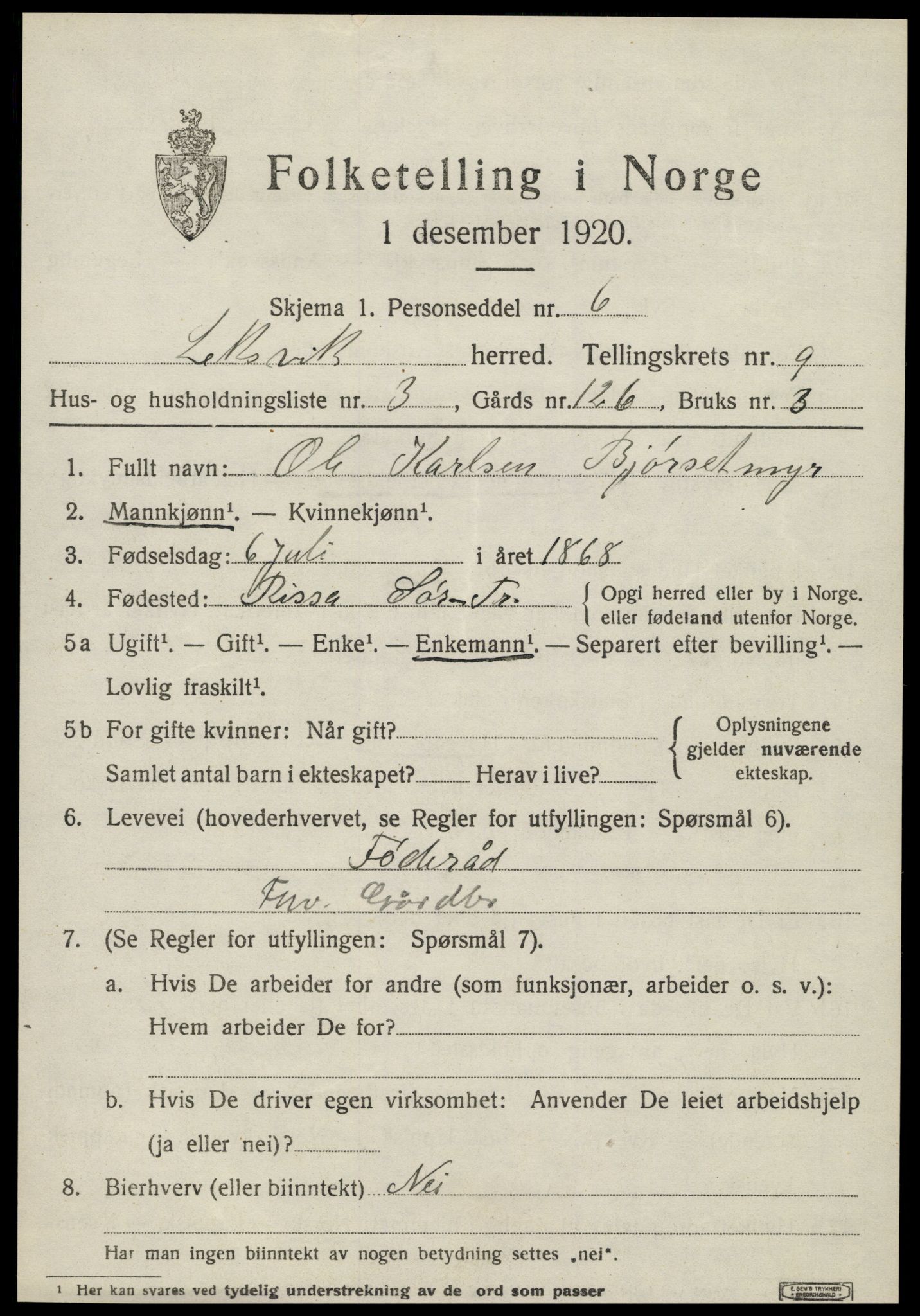 SAT, 1920 census for Leksvik, 1920, p. 6914