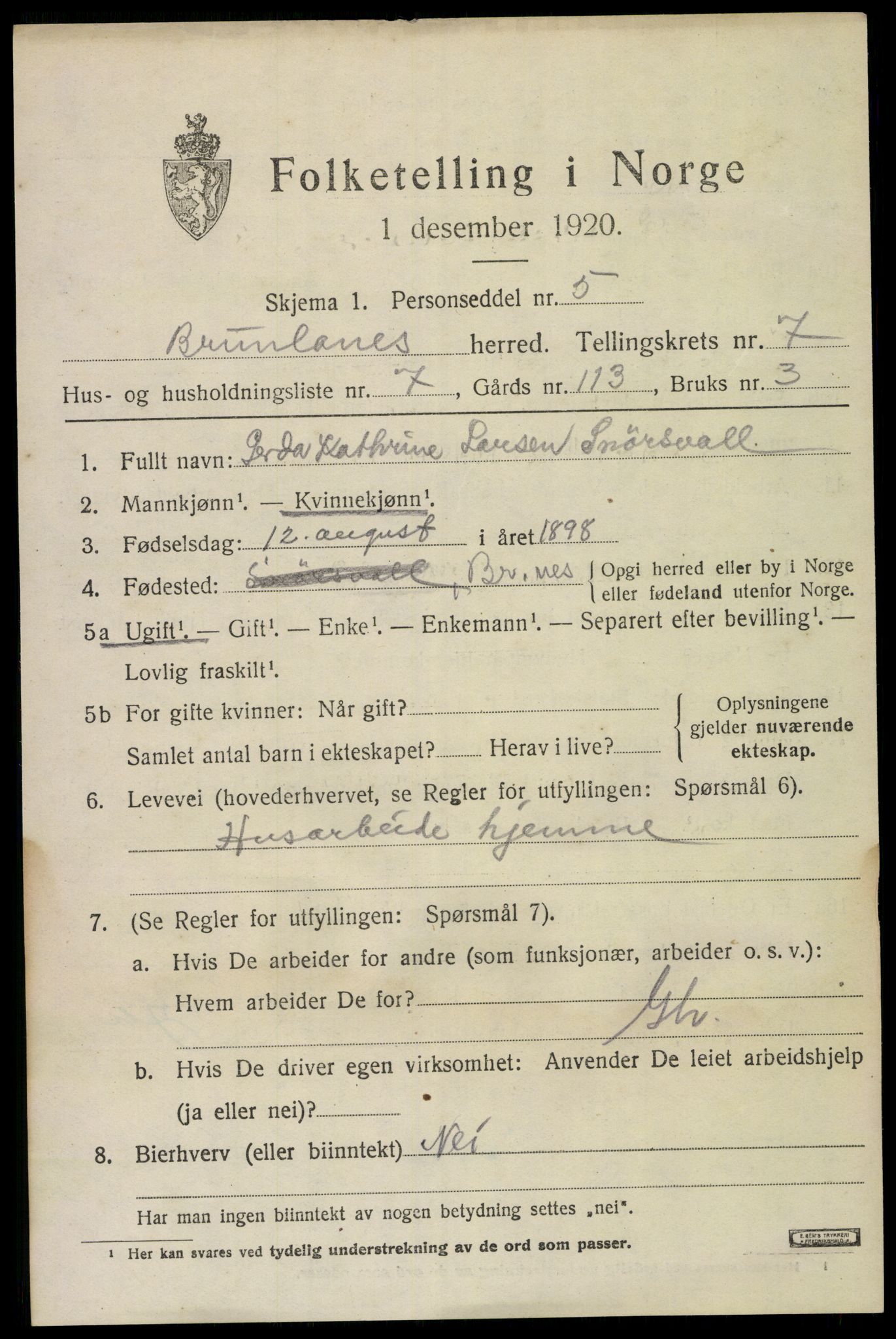 SAKO, 1920 census for Brunlanes, 1920, p. 7165