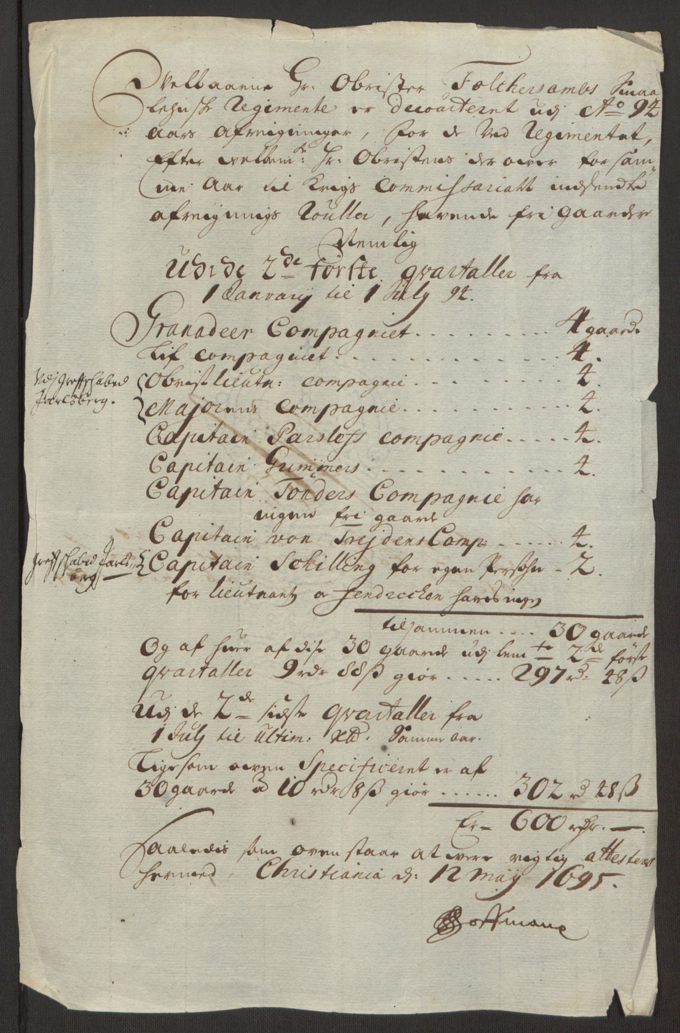 Rentekammeret inntil 1814, Reviderte regnskaper, Fogderegnskap, AV/RA-EA-4092/R32/L1867: Fogderegnskap Jarlsberg grevskap, 1694-1696, p. 80