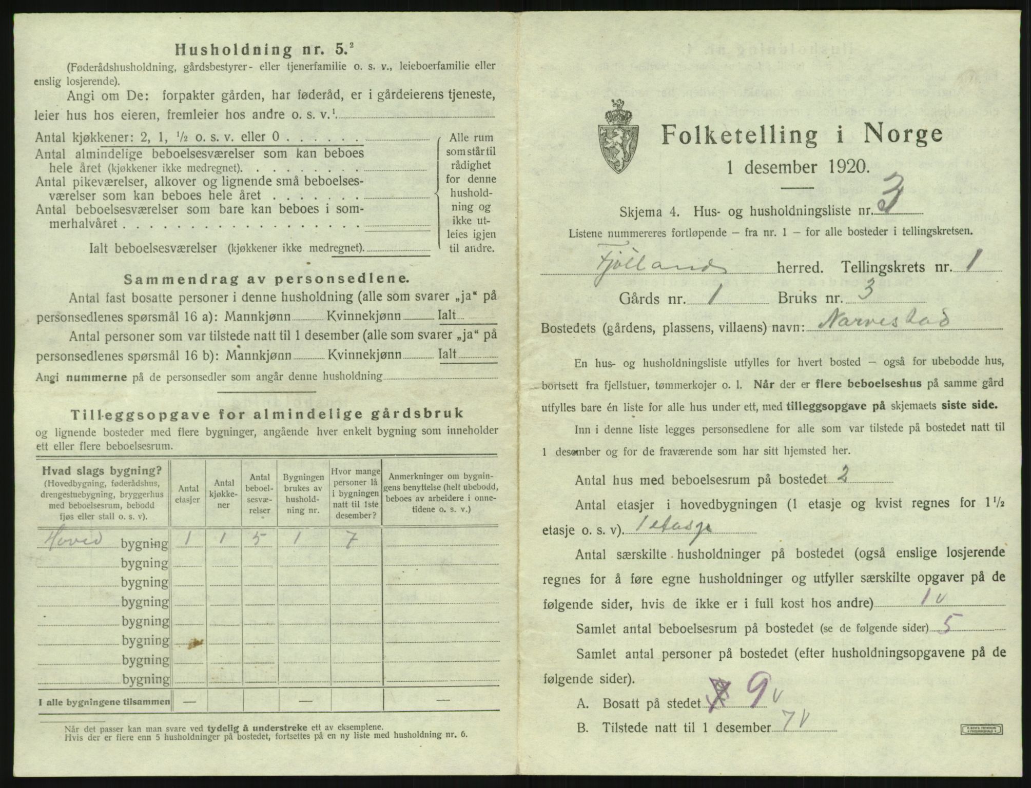 SAK, 1920 census for Fjotland, 1920, p. 42