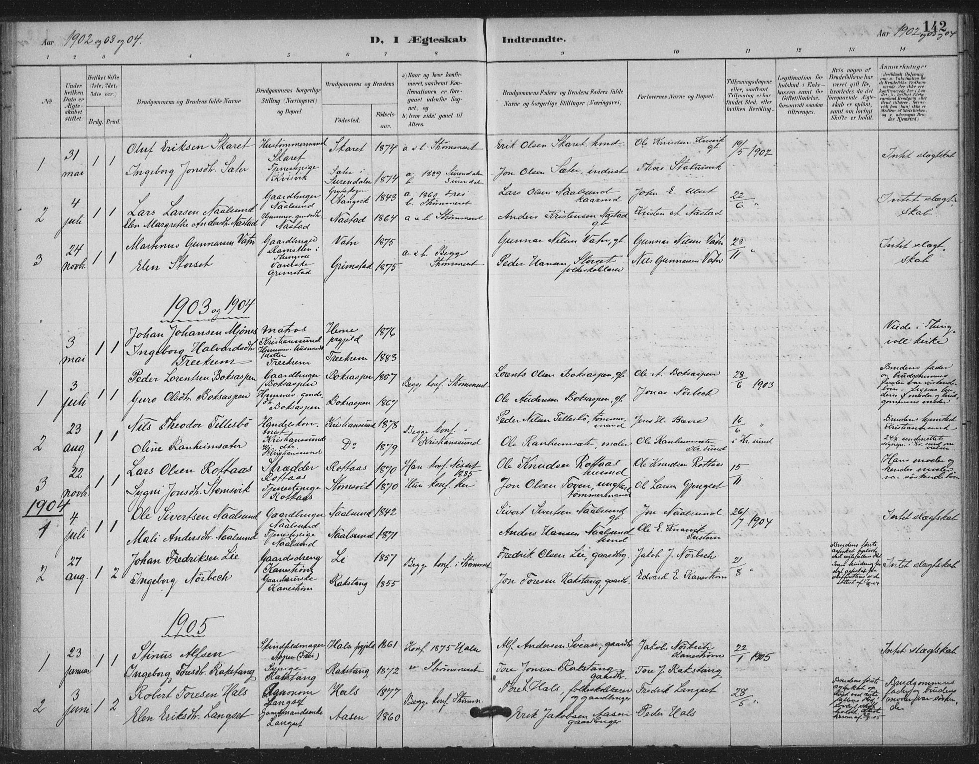 Ministerialprotokoller, klokkerbøker og fødselsregistre - Møre og Romsdal, AV/SAT-A-1454/587/L1000: Parish register (official) no. 587A02, 1887-1910, p. 142