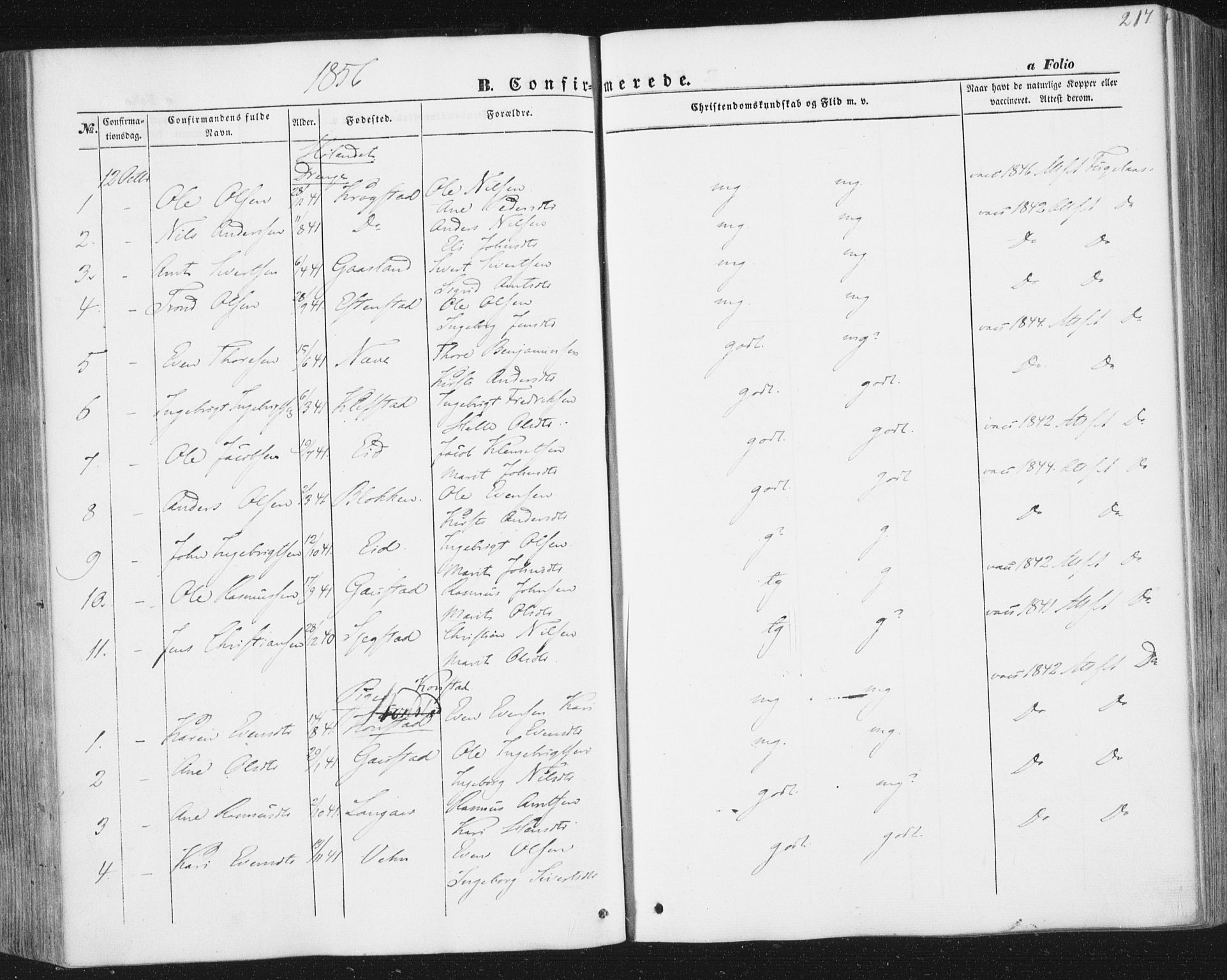 Ministerialprotokoller, klokkerbøker og fødselsregistre - Sør-Trøndelag, SAT/A-1456/691/L1076: Parish register (official) no. 691A08, 1852-1861, p. 217