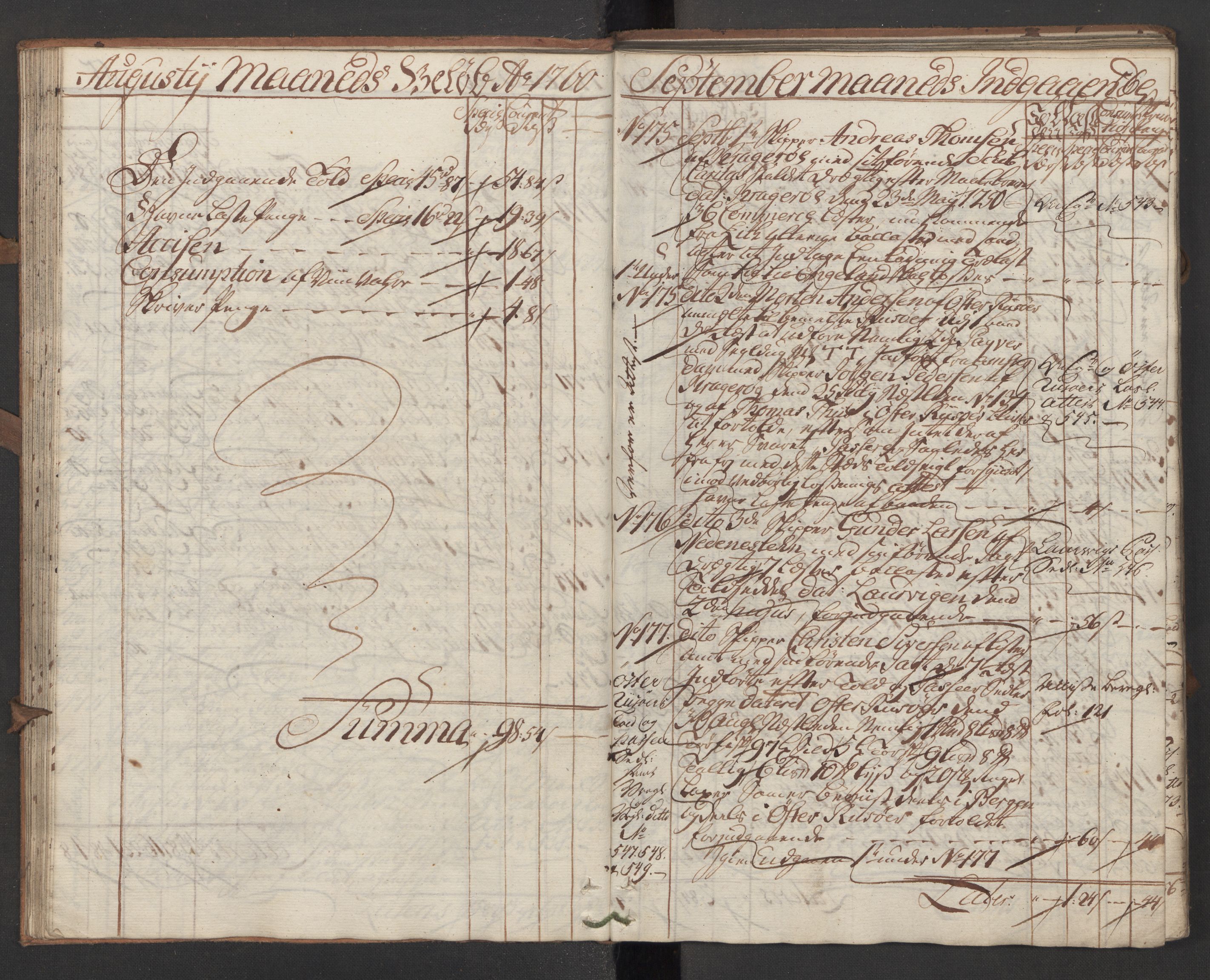 Generaltollkammeret, tollregnskaper, AV/RA-EA-5490/R13/L0028/0001: Tollregnskaper Kragerø / Inngående hovedtollbok, 1760, p. 55b-56a