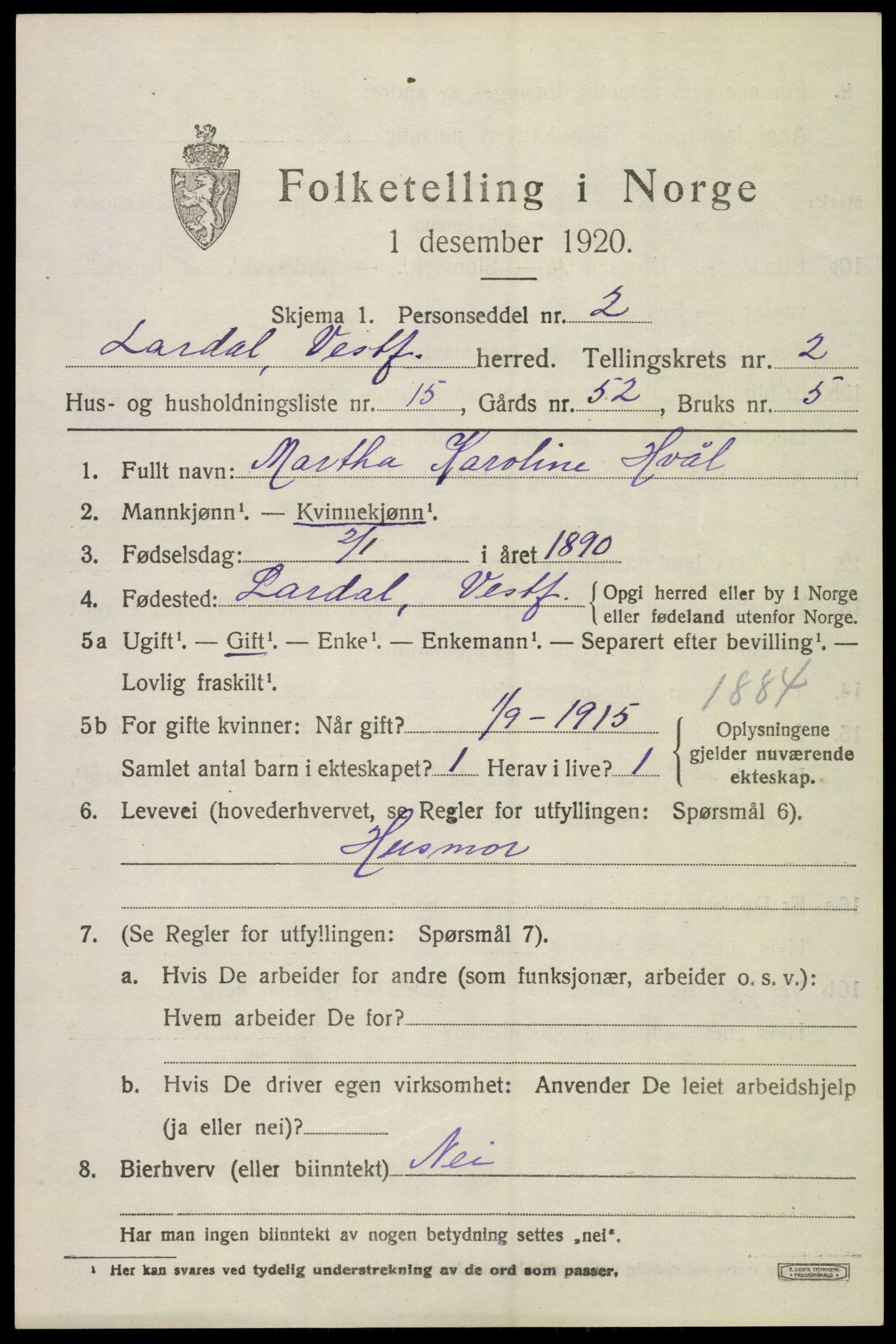 SAKO, 1920 census for Lardal, 1920, p. 2151