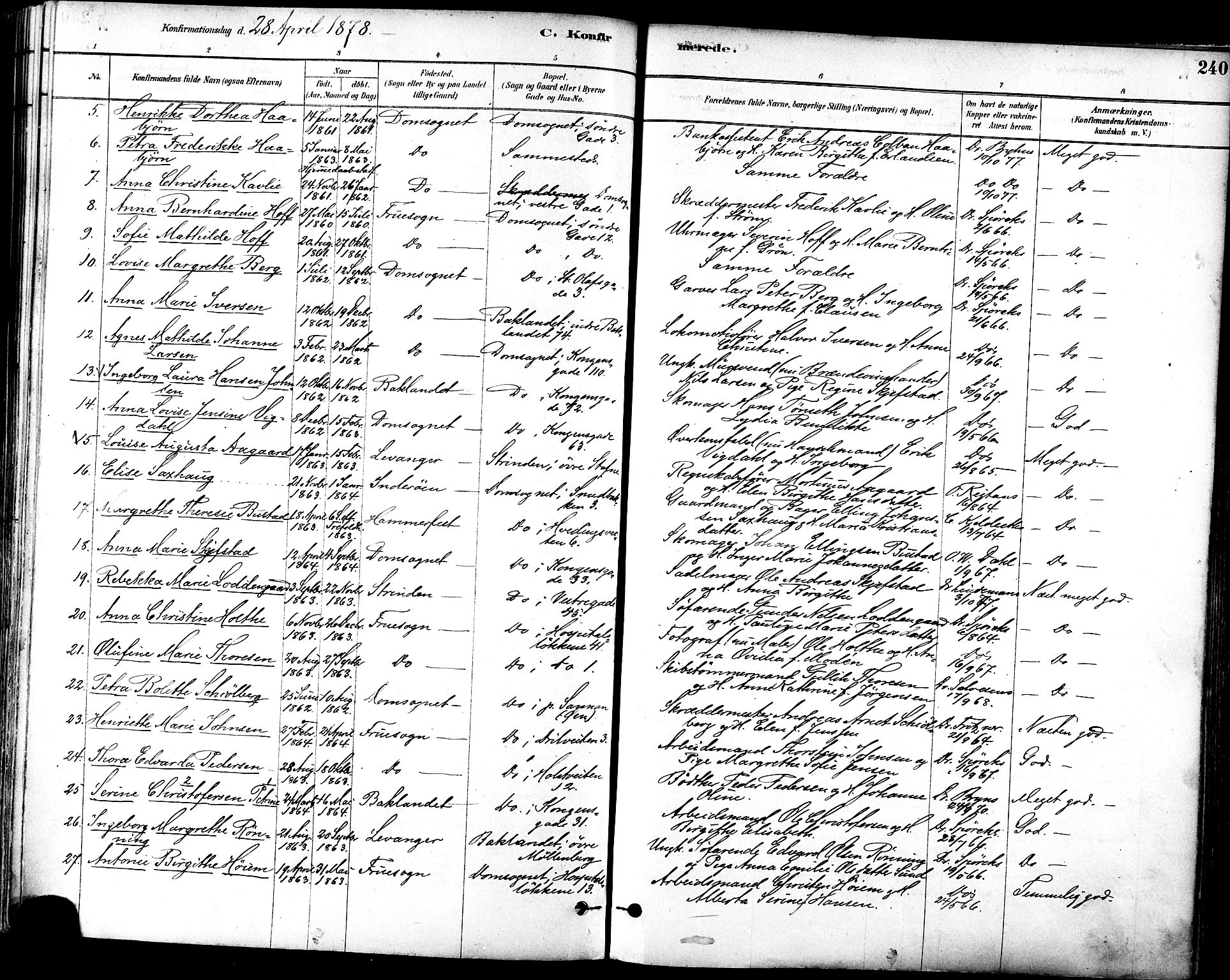 Ministerialprotokoller, klokkerbøker og fødselsregistre - Sør-Trøndelag, AV/SAT-A-1456/601/L0057: Parish register (official) no. 601A25, 1877-1891, p. 240