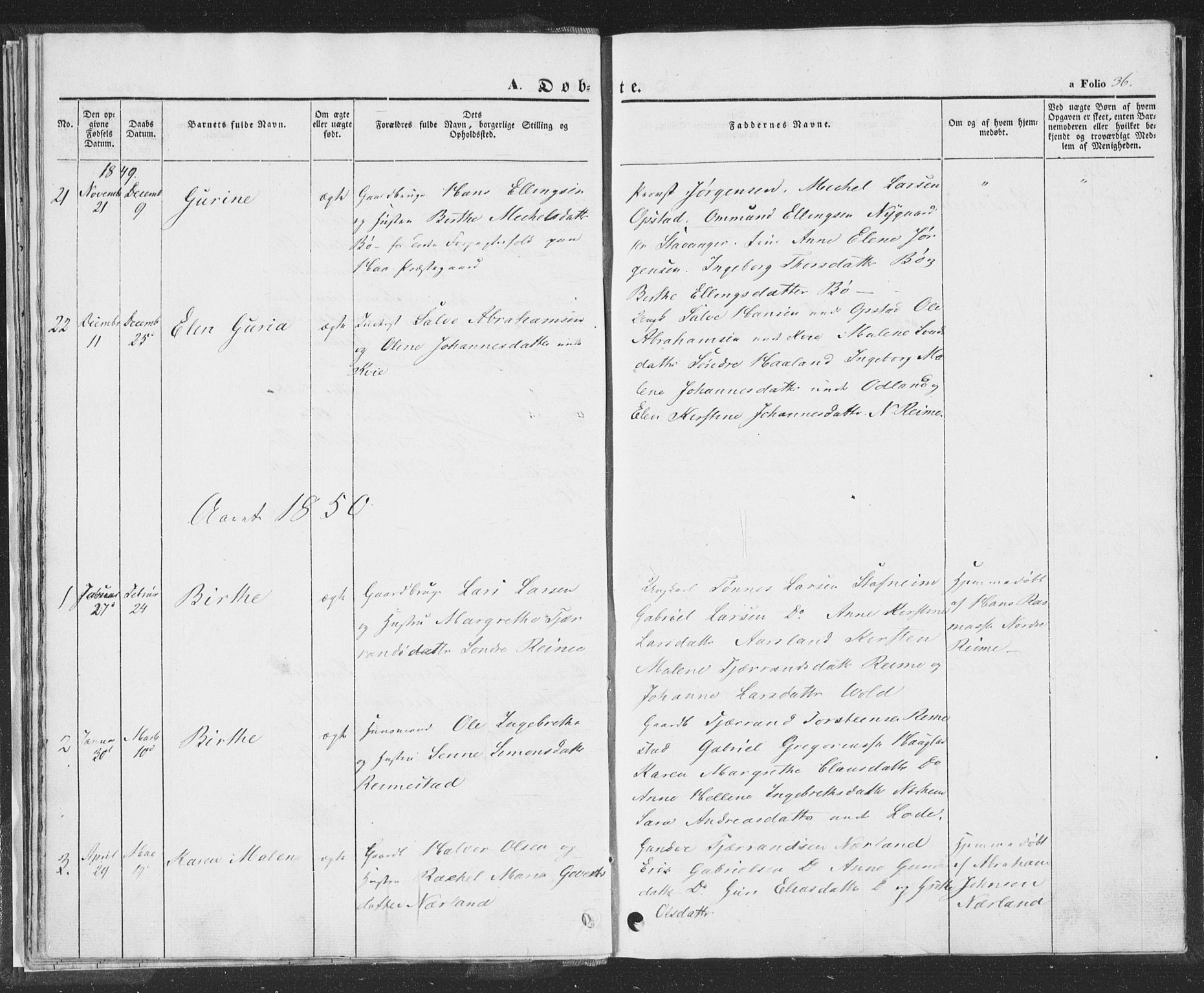 Hå sokneprestkontor, AV/SAST-A-101801/001/30BA/L0006: Parish register (official) no. A 5, 1842-1853, p. 36