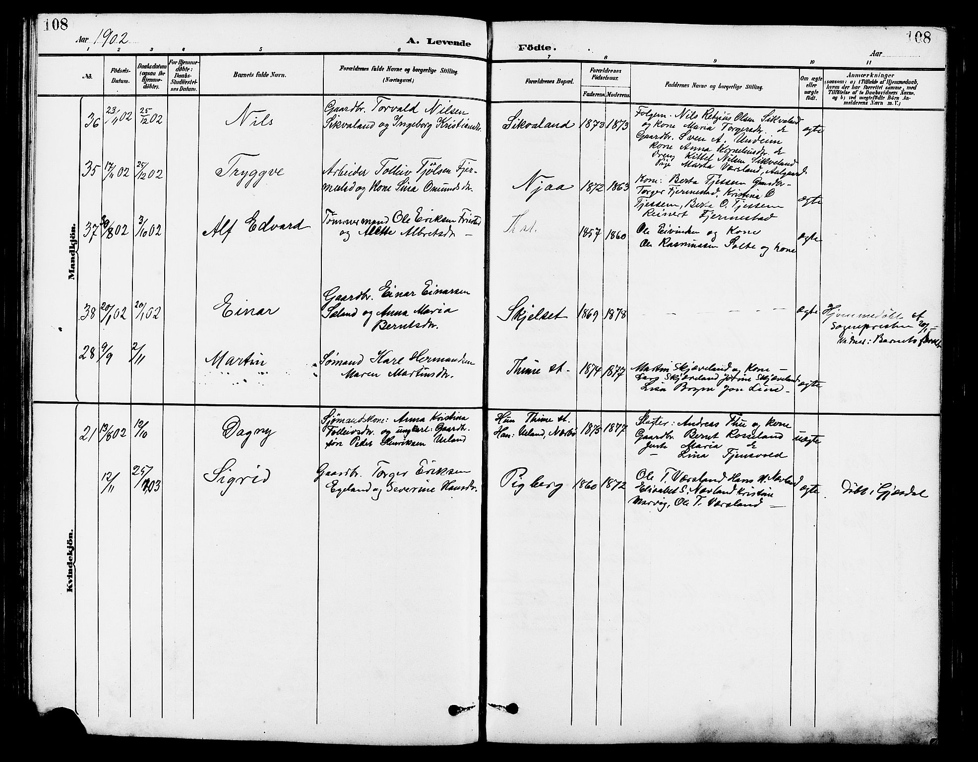 Lye sokneprestkontor, AV/SAST-A-101794/001/30BB/L0007: Parish register (copy) no. B 8, 1889-1909, p. 108