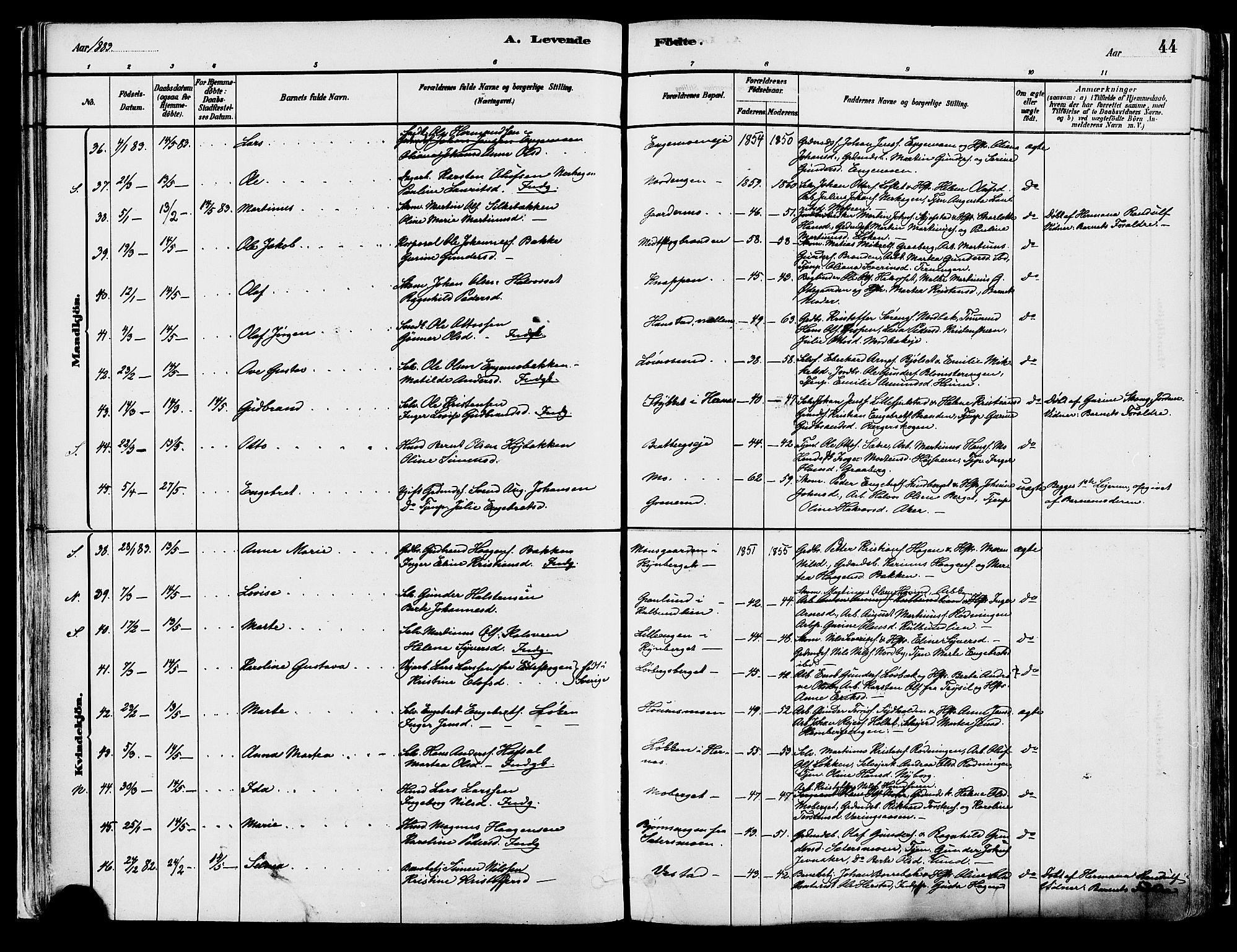 Elverum prestekontor, AV/SAH-PREST-044/H/Ha/Haa/L0013: Parish register (official) no. 13, 1880-1890, p. 44