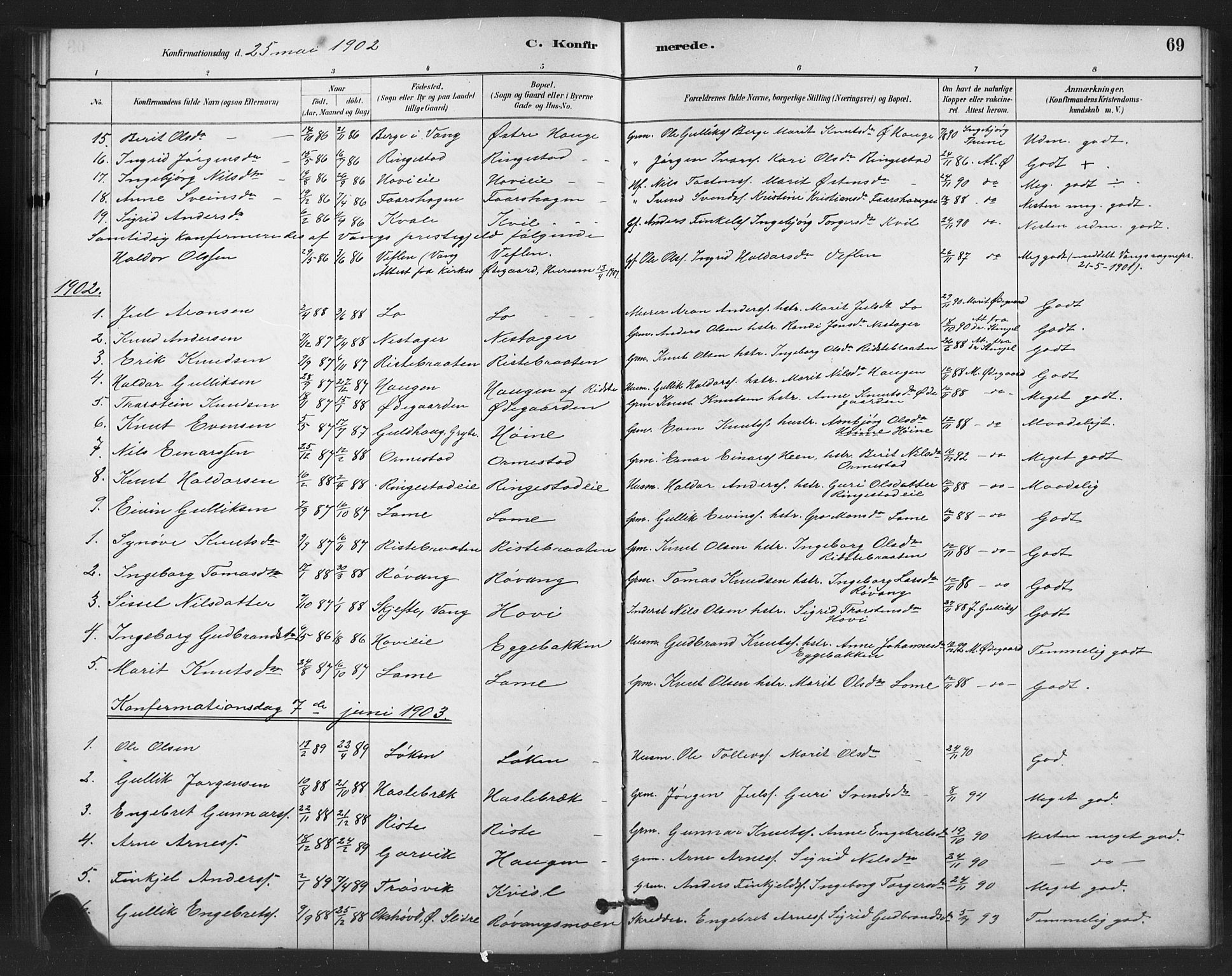 Vestre Slidre prestekontor, SAH/PREST-136/H/Ha/Hab/L0006: Parish register (copy) no. 6, 1881-1915, p. 69