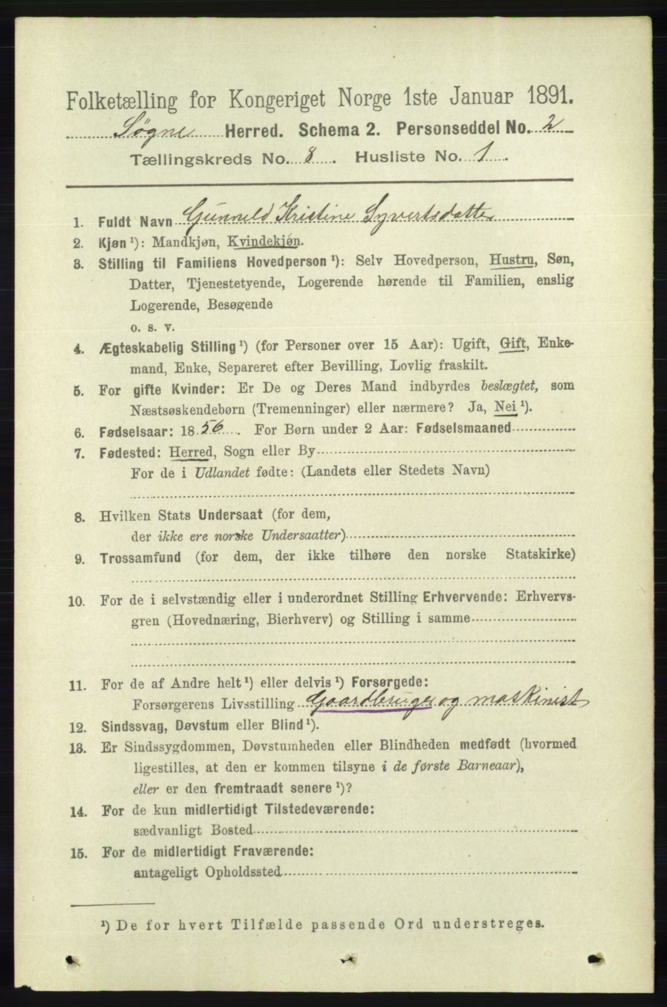 RA, 1891 census for 1018 Søgne, 1891, p. 2212