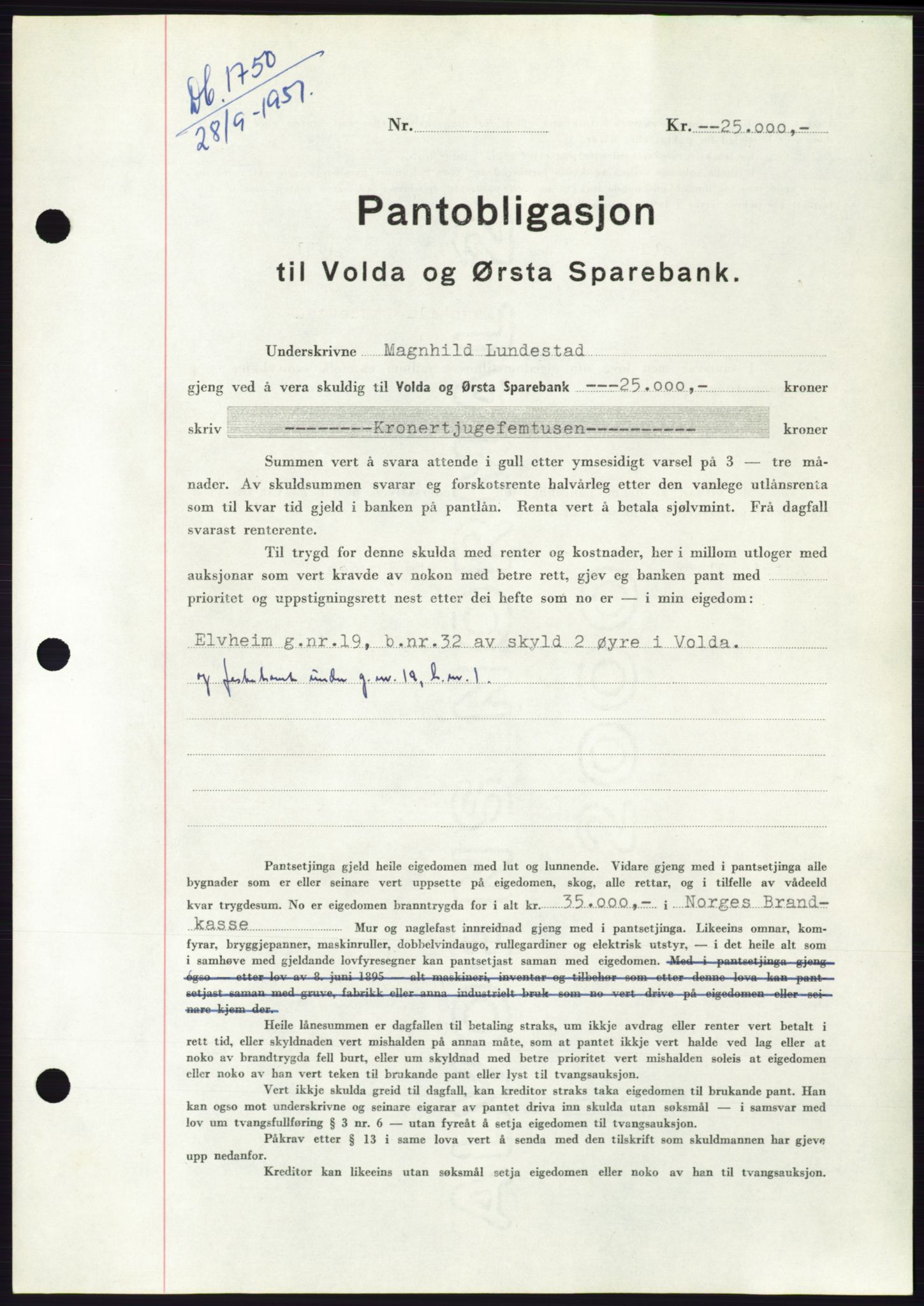 Søre Sunnmøre sorenskriveri, AV/SAT-A-4122/1/2/2C/L0120: Mortgage book no. 8B, 1951-1951, Diary no: : 1750/1951