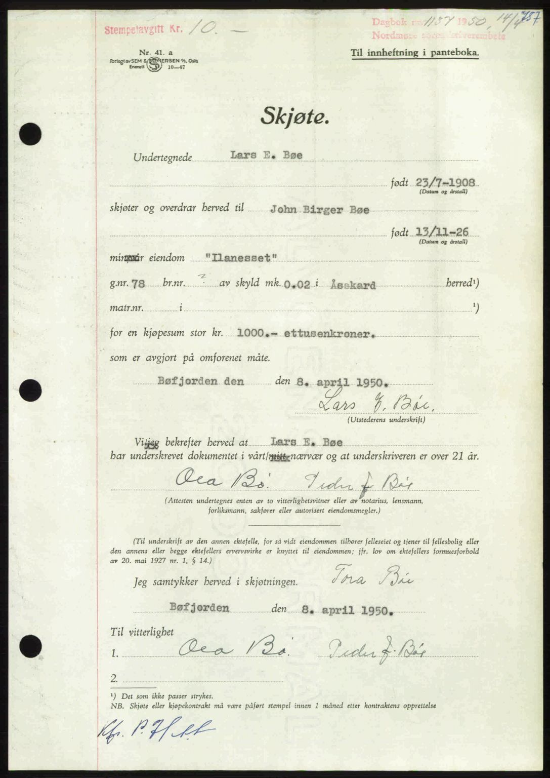 Nordmøre sorenskriveri, AV/SAT-A-4132/1/2/2Ca: Mortgage book no. A114, 1950-1950, Diary no: : 1137/1950