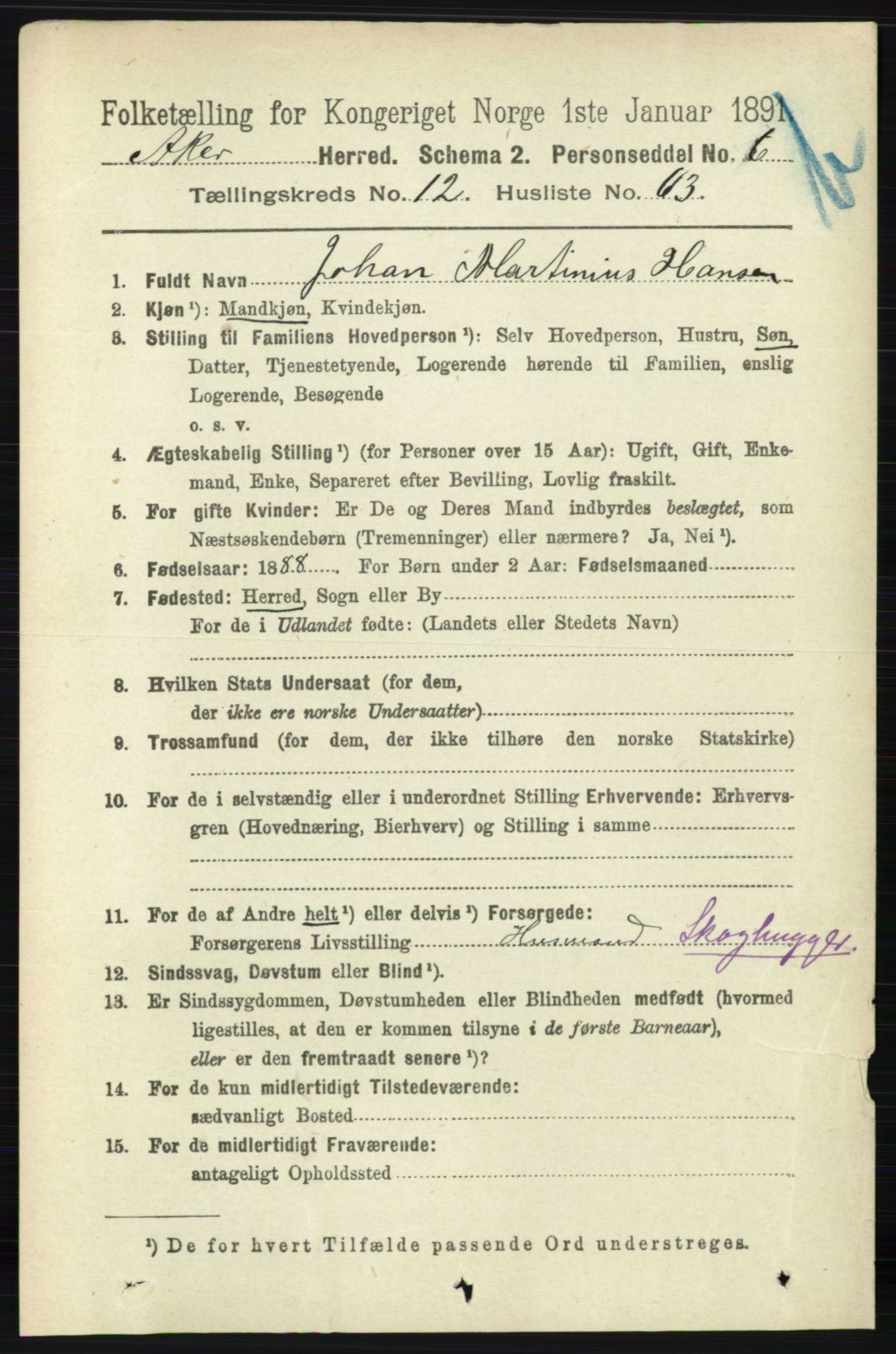 RA, 1891 census for 0218 Aker, 1891, p. 12023