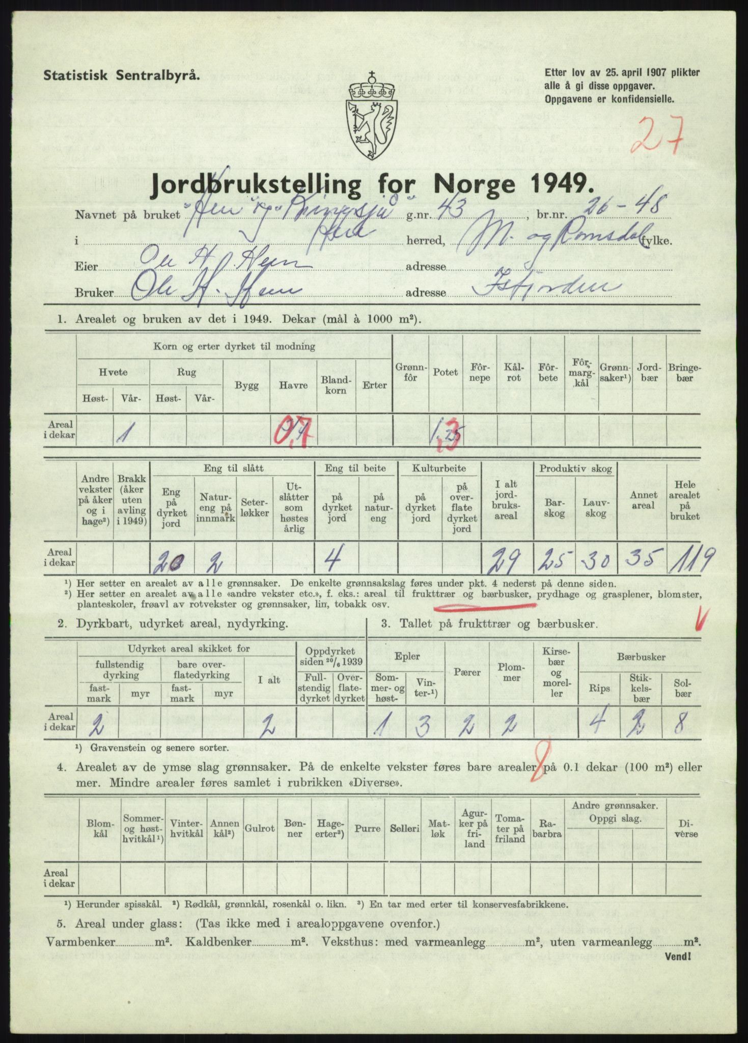 Statistisk sentralbyrå, Næringsøkonomiske emner, Jordbruk, skogbruk, jakt, fiske og fangst, AV/RA-S-2234/G/Gc/L0323: Møre og Romsdal: Grytten og Hen, 1949, p. 695