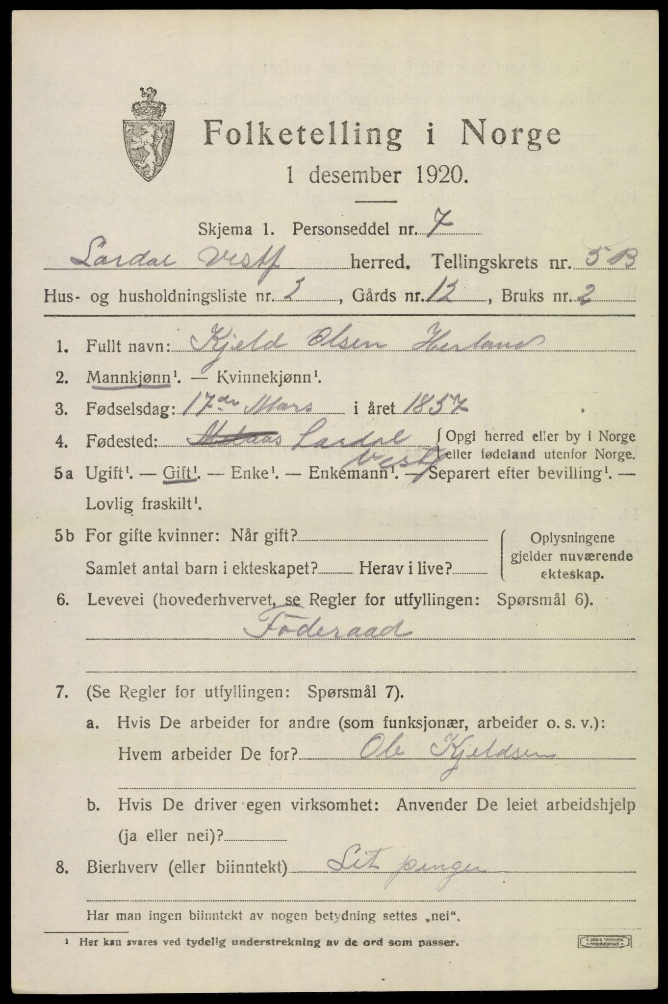 SAKO, 1920 census for Lardal, 1920, p. 5253