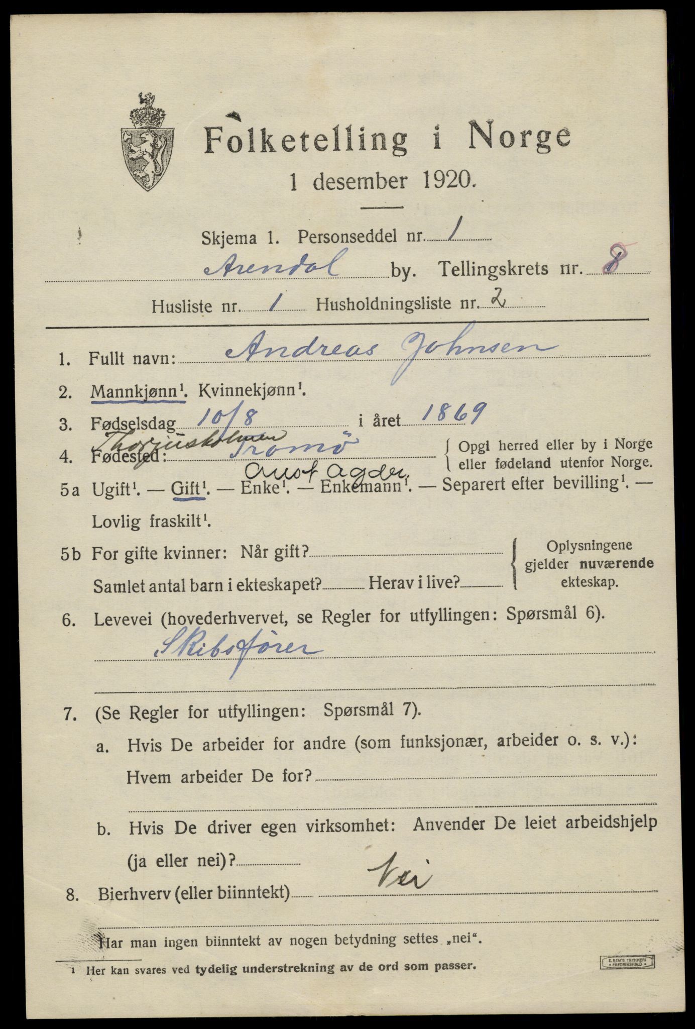 SAK, 1920 census for Arendal, 1920, p. 15422