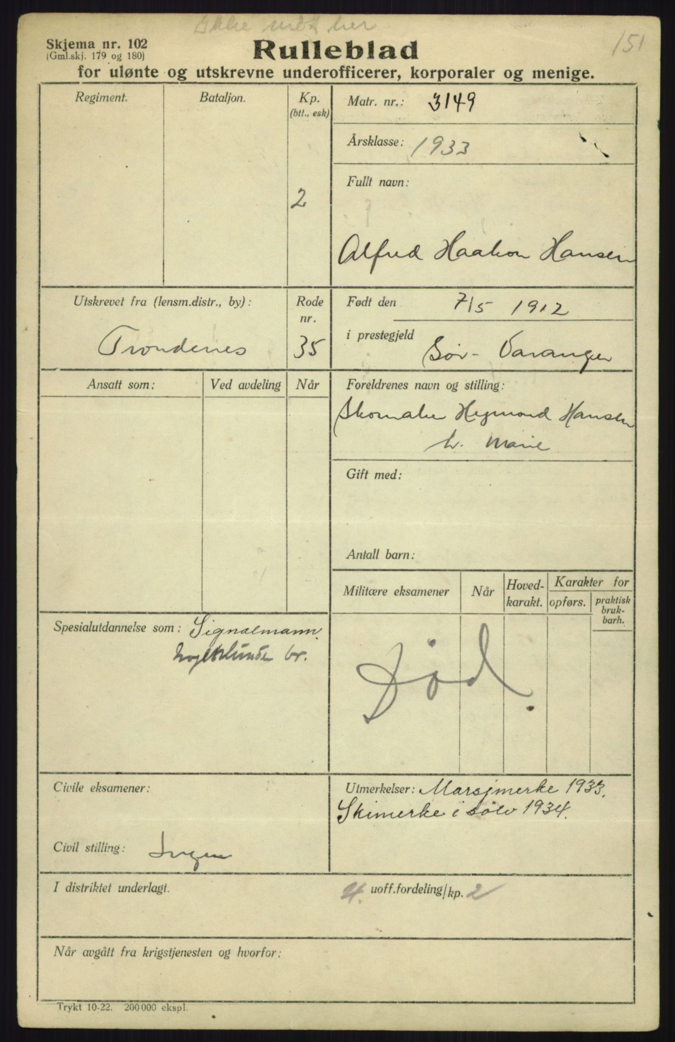 Forsvaret, Troms infanteriregiment nr. 16, AV/RA-RAFA-3146/P/Pa/L0017: Rulleblad for regimentets menige mannskaper, årsklasse 1933, 1933, p. 377