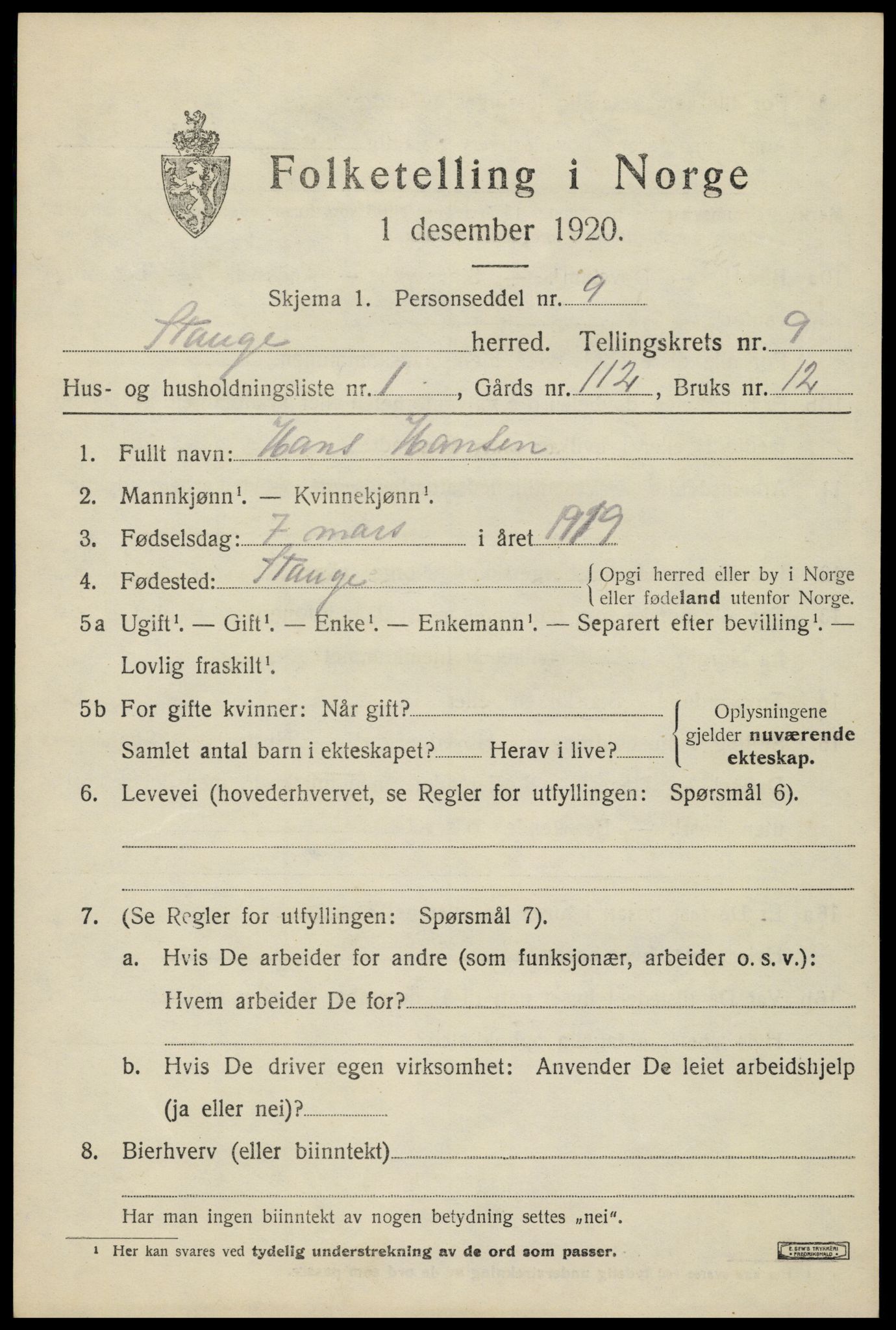 SAH, 1920 census for Stange, 1920, p. 14597