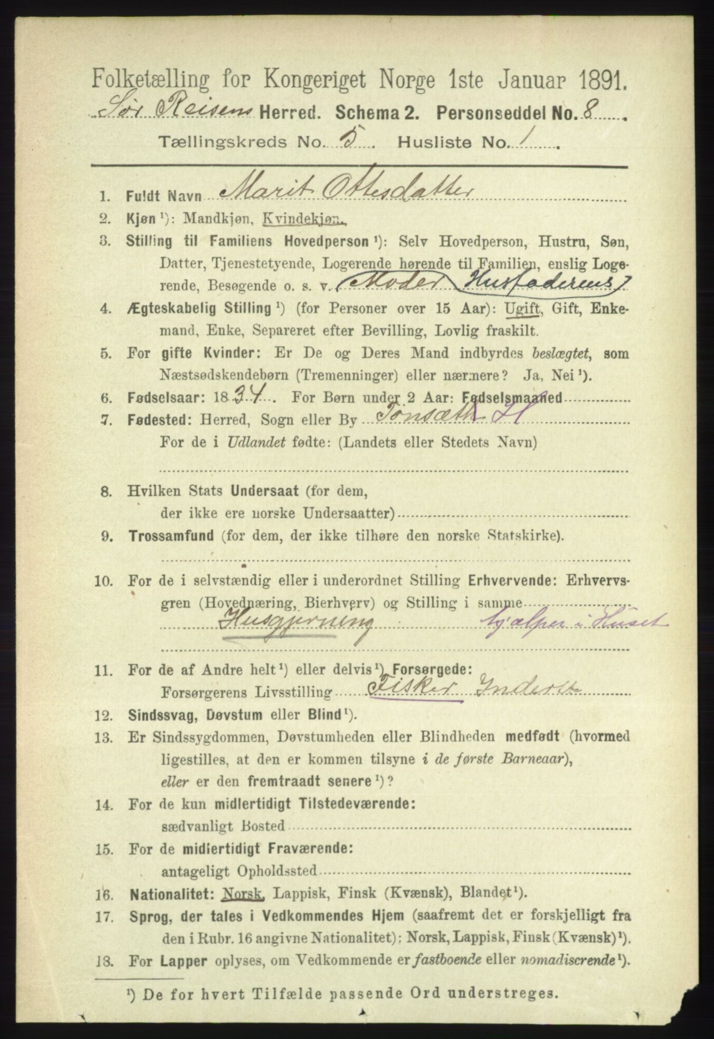 RA, 1891 census for 1925 Sørreisa, 1891, p. 1579