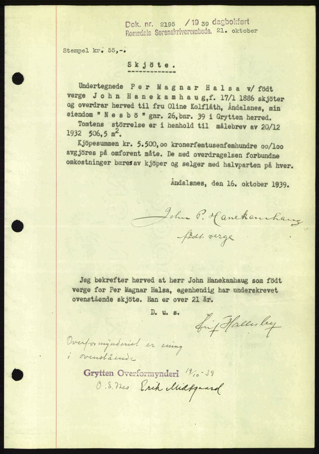 Romsdal sorenskriveri, AV/SAT-A-4149/1/2/2C: Mortgage book no. A7, 1939-1939, Diary no: : 2195/1939