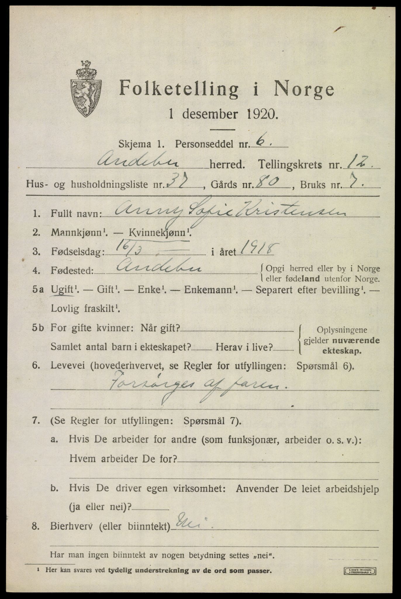 SAKO, 1920 census for Andebu, 1920, p. 4784