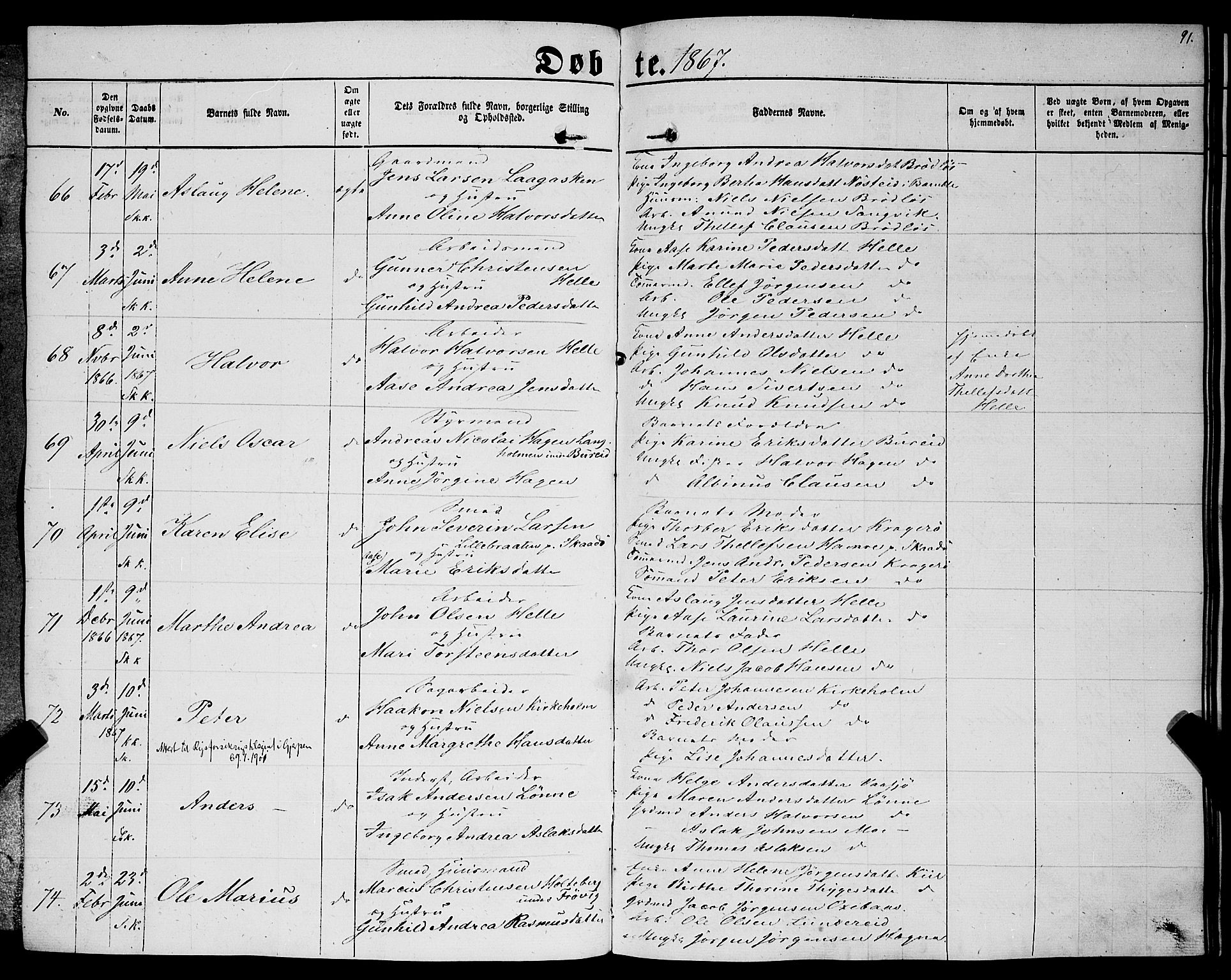 Sannidal kirkebøker, AV/SAKO-A-296/F/Fa/L0011: Parish register (official) no. 11, 1863-1873, p. 91