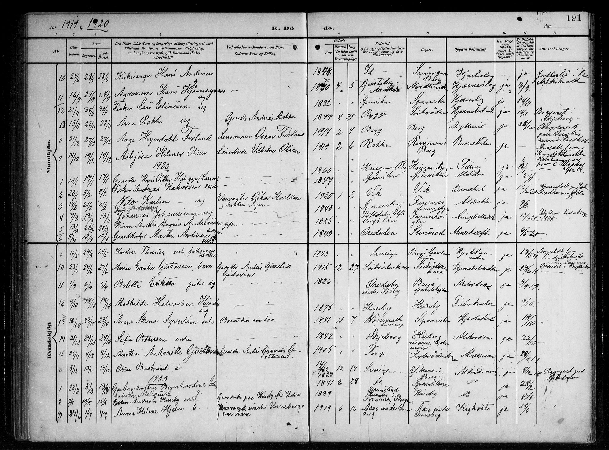 Berg prestekontor Kirkebøker, AV/SAO-A-10902/F/Fa/L0008: Parish register (official) no. I 8, 1902-1920, p. 191