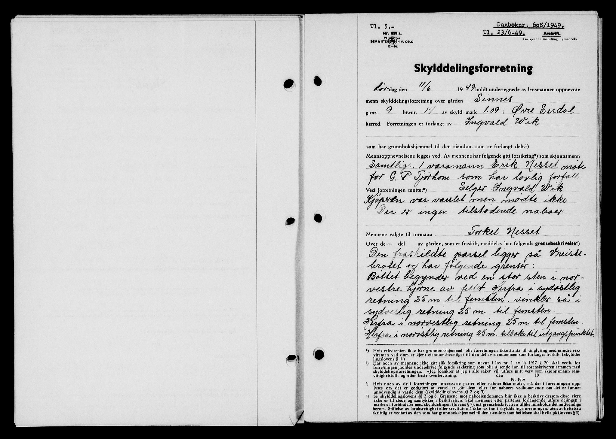 Flekkefjord sorenskriveri, SAK/1221-0001/G/Gb/Gba/L0065: Mortgage book no. A-13, 1949-1949, Diary no: : 608/1949