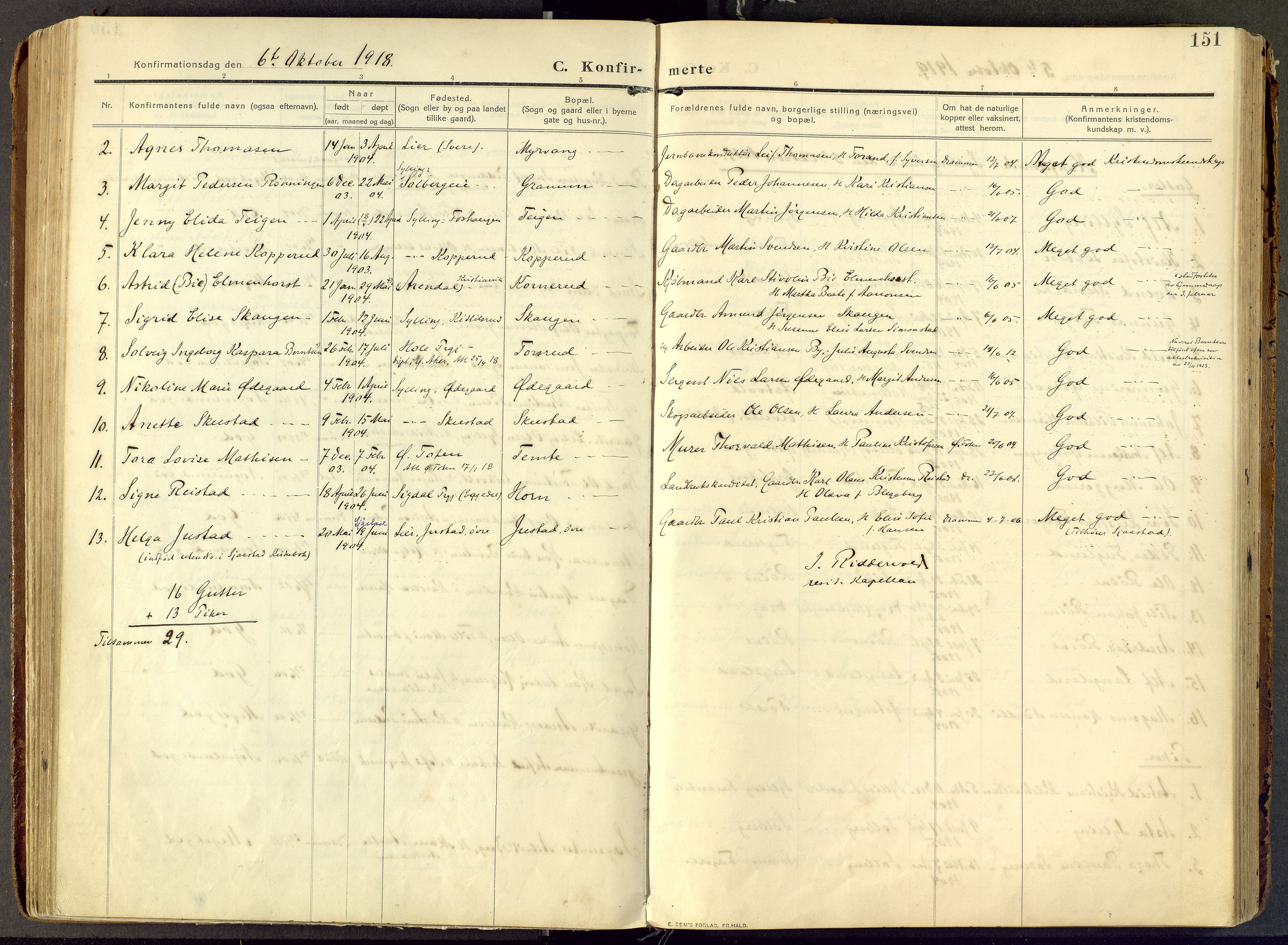 Lier kirkebøker, AV/SAKO-A-230/F/Fc/L0001: Parish register (official) no. III 1, 1906-1936, p. 151