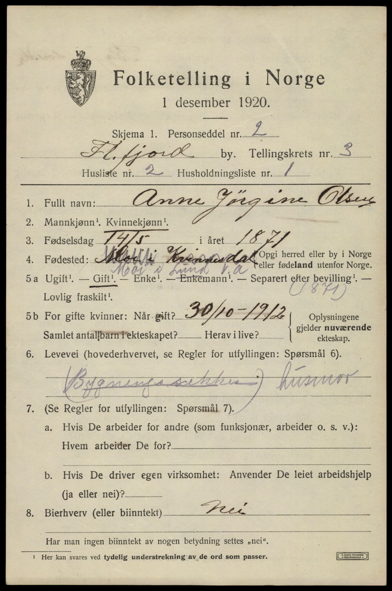 SAK, 1920 census for Flekkefjord, 1920, p. 3426