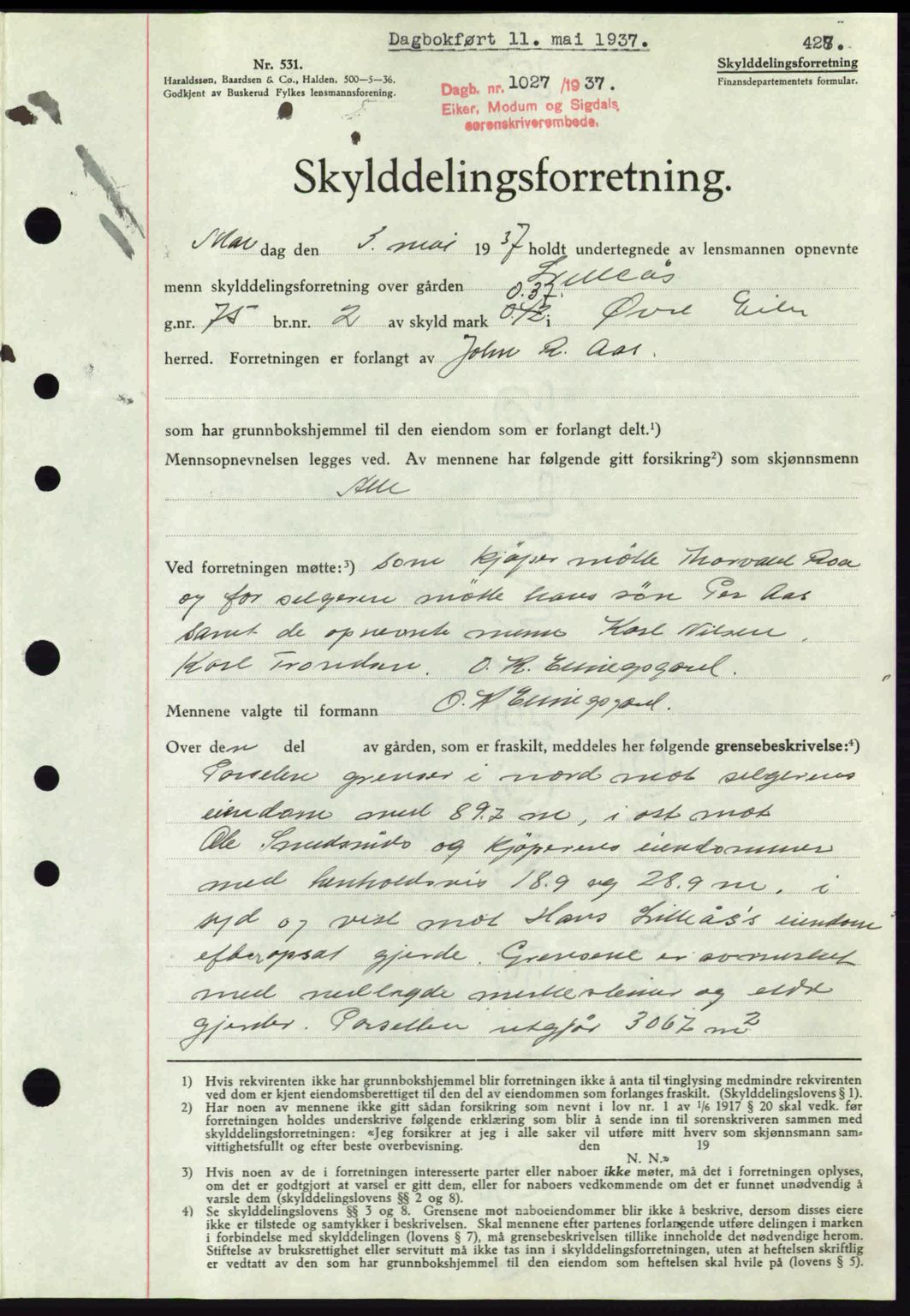 Eiker, Modum og Sigdal sorenskriveri, SAKO/A-123/G/Ga/Gab/L0035: Mortgage book no. A5, 1937-1937, Diary no: : 1027/1937