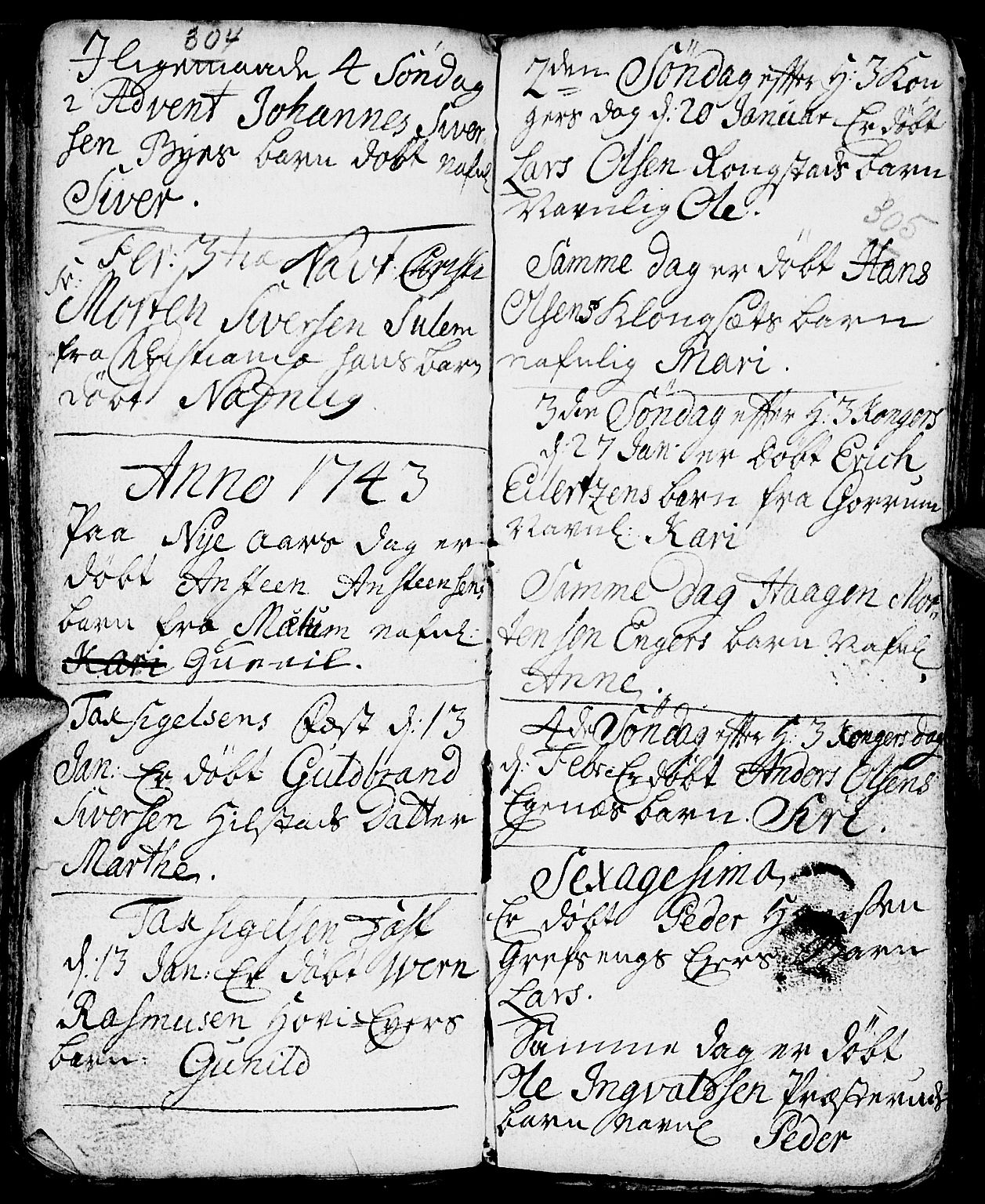 Nes prestekontor, Hedmark, AV/SAH-PREST-020/L/La/L0001: Parish register (copy) no. 1, 1663-1784, p. 304-305