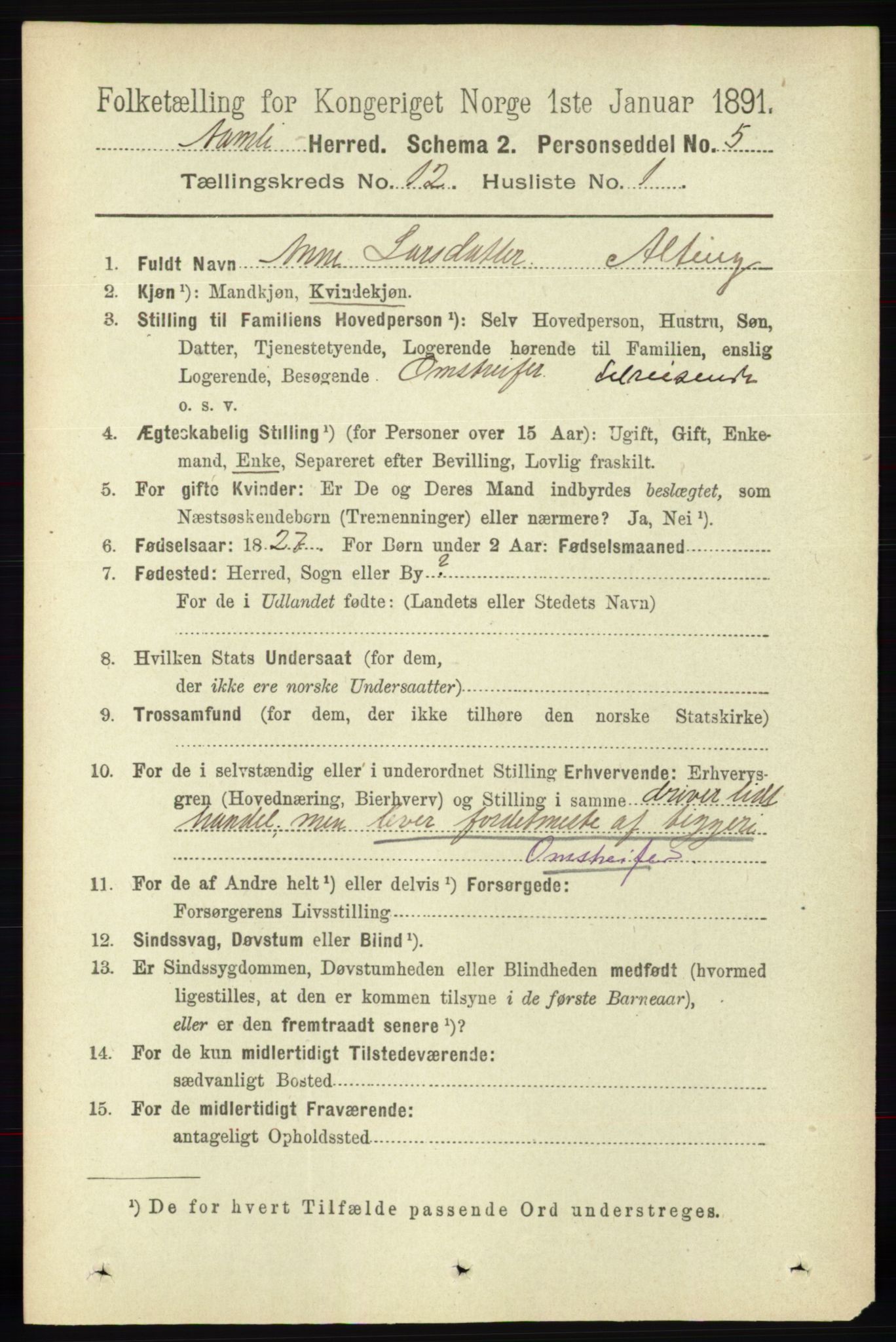 RA, 1891 census for 0929 Åmli, 1891, p. 2040