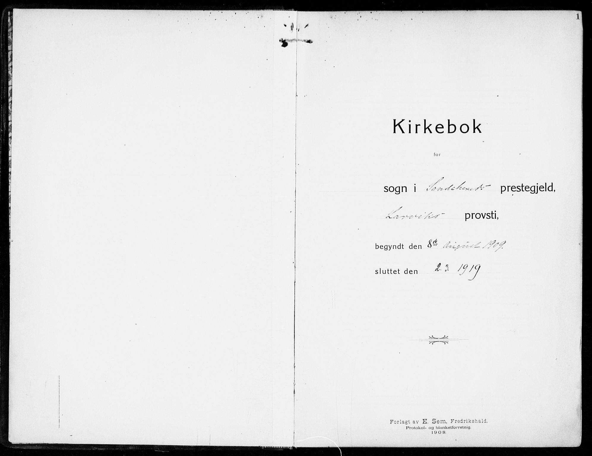 Sandar kirkebøker, SAKO/A-243/F/Fa/L0016: Parish register (official) no. 16, 1909-1919, p. 1