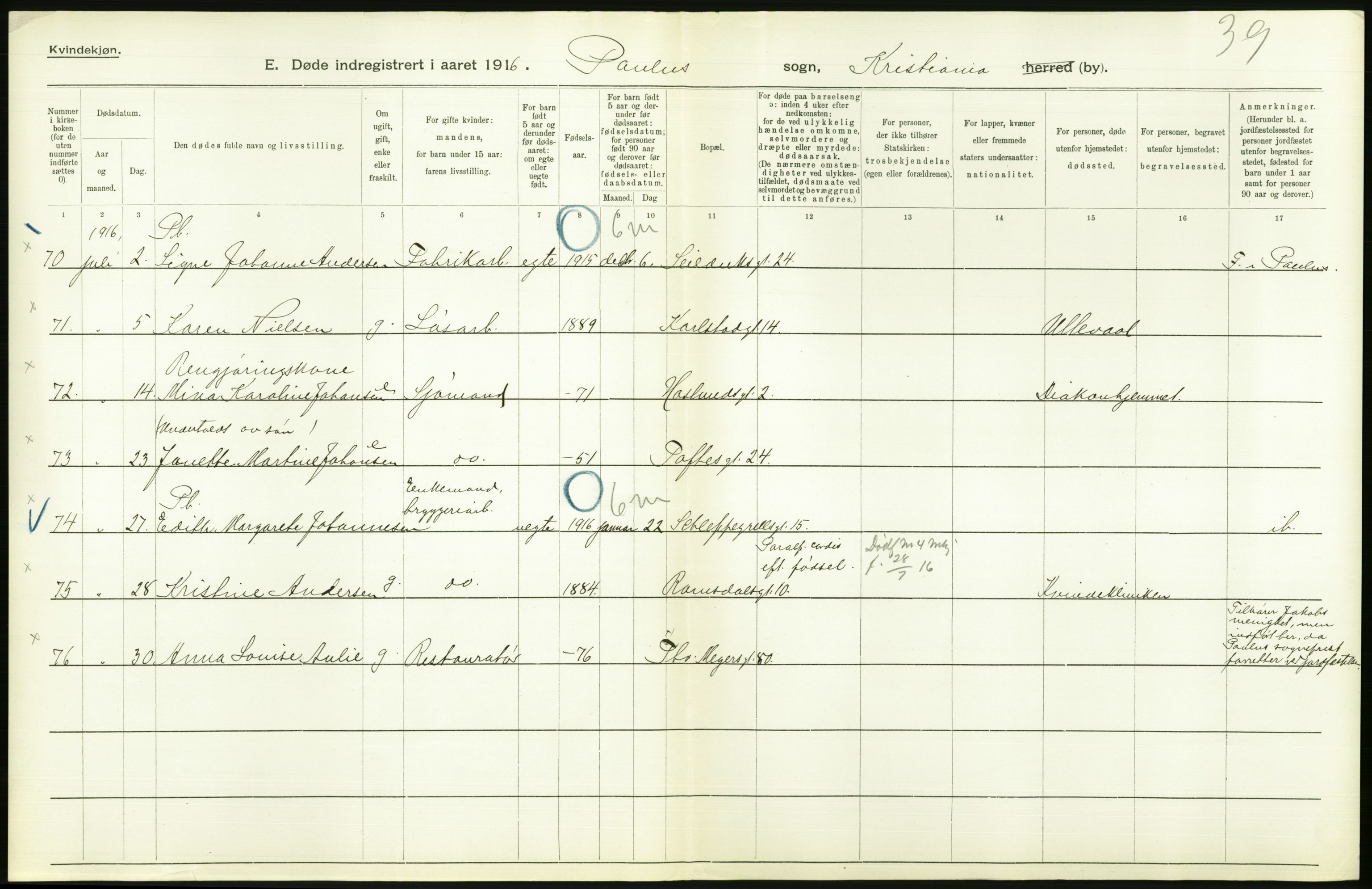 Statistisk sentralbyrå, Sosiodemografiske emner, Befolkning, AV/RA-S-2228/D/Df/Dfb/Dfbf/L0009: Kristiania: Døde., 1916, p. 20