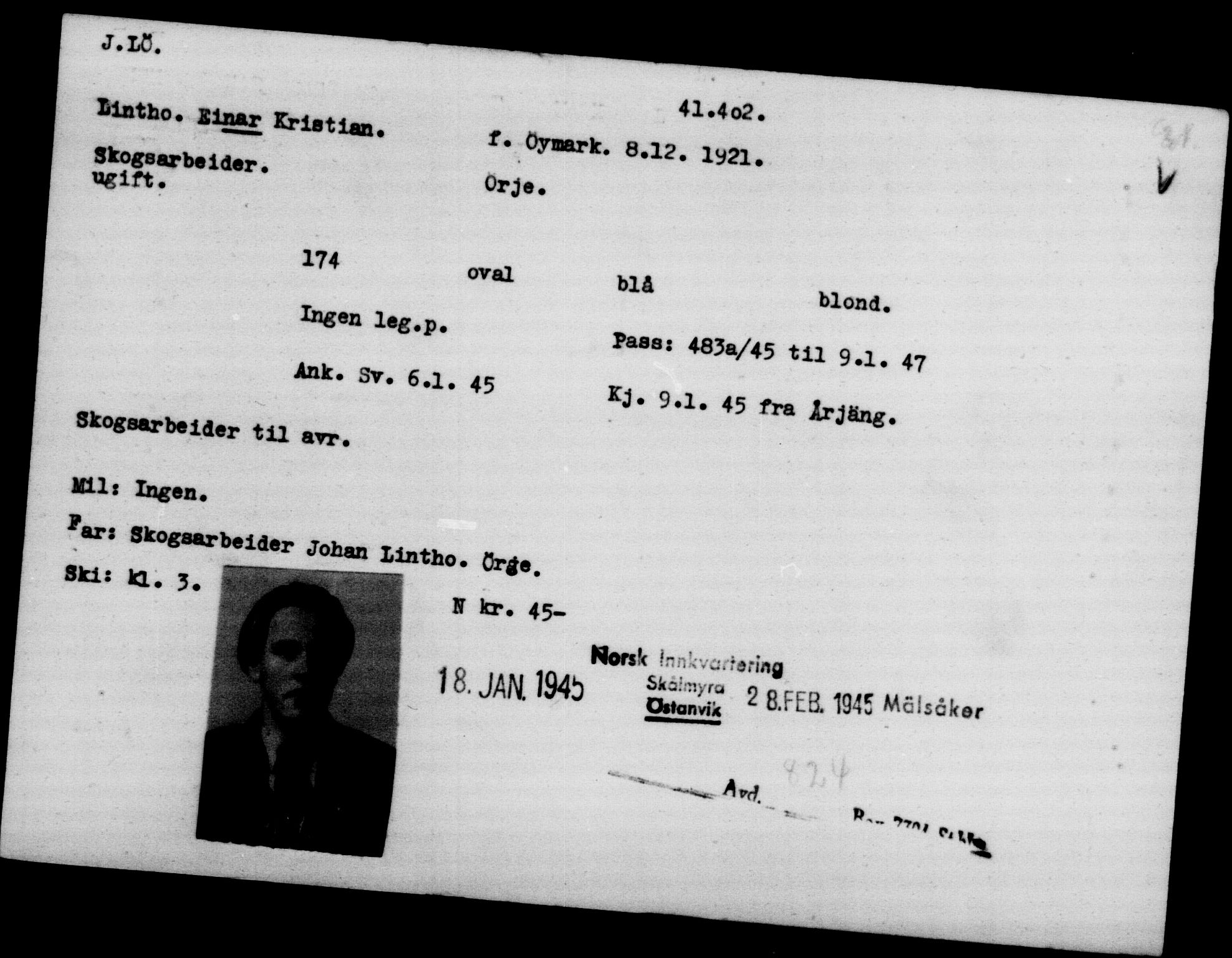 Utenriksstasjonene, Legasjonen i Stockholm, Flyktningkontoret, AV/RA-S-6753/V/Va/L0016: Kjesäterkartoteket, flyktninger med registreringsnr. 40700-43479, 1940-1945, p. 722