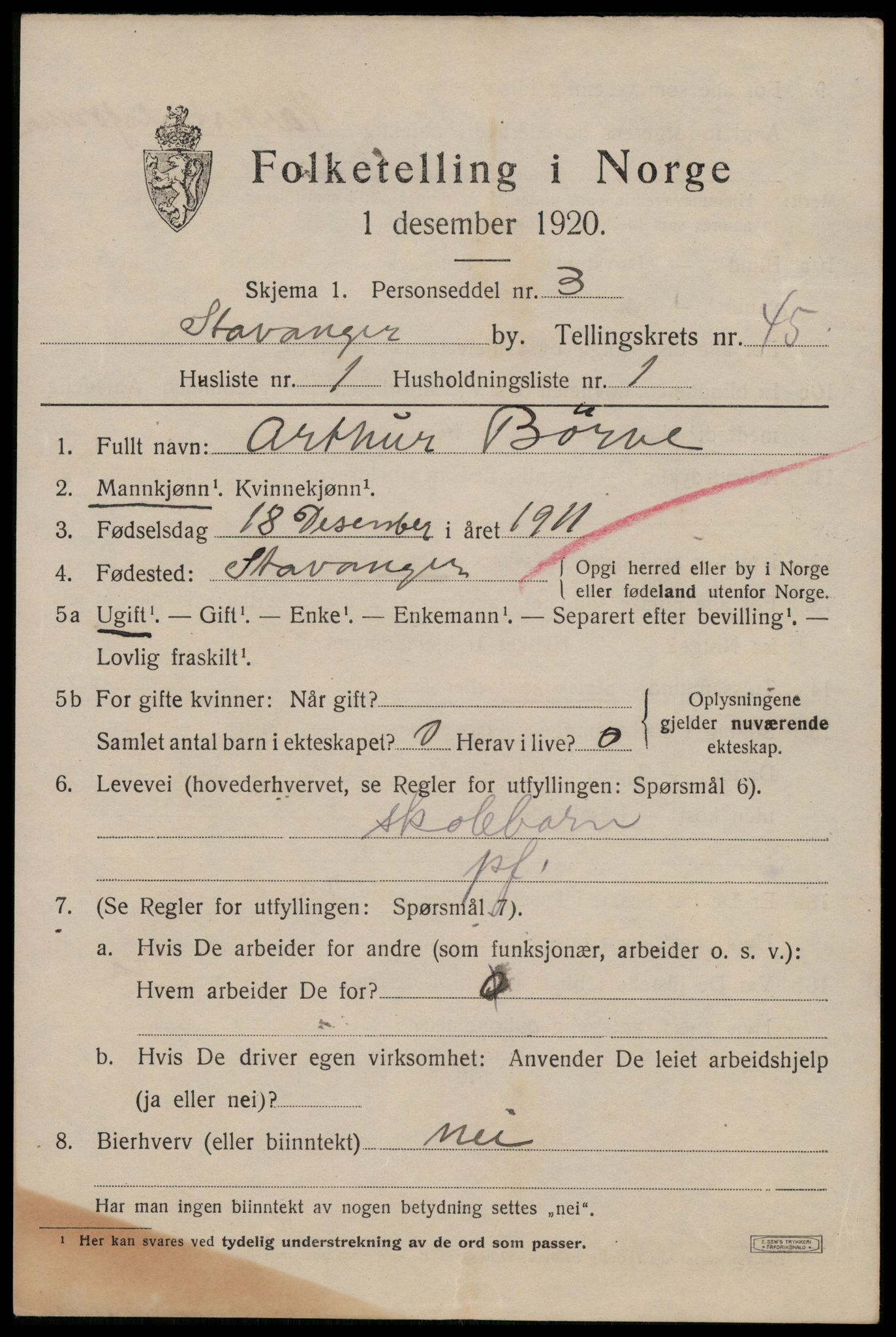 SAST, 1920 census for Stavanger, 1920, p. 110142