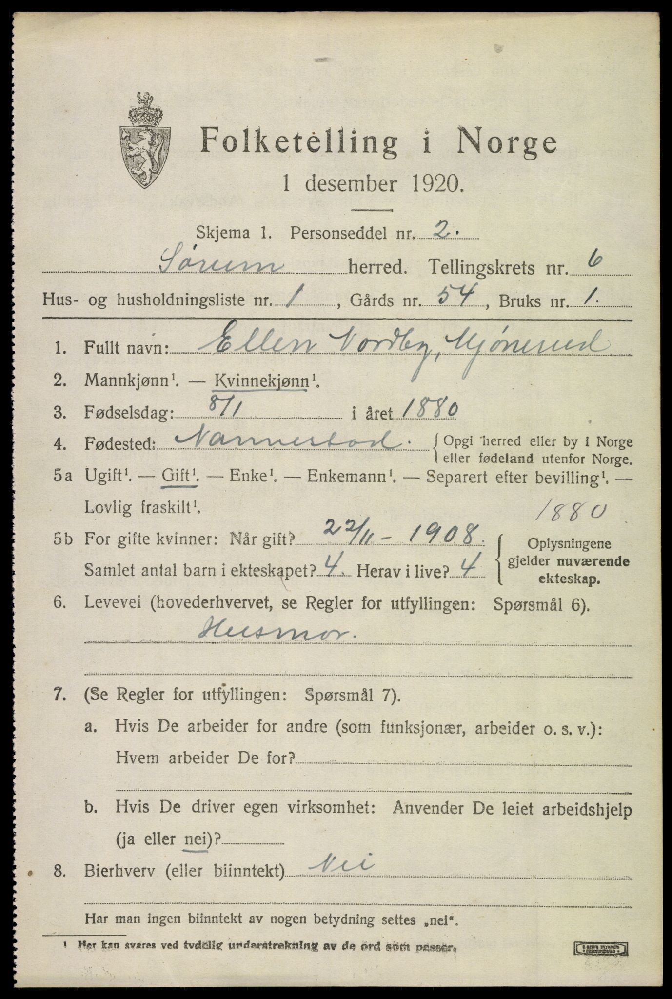 SAO, 1920 census for Sørum, 1920, p. 5449