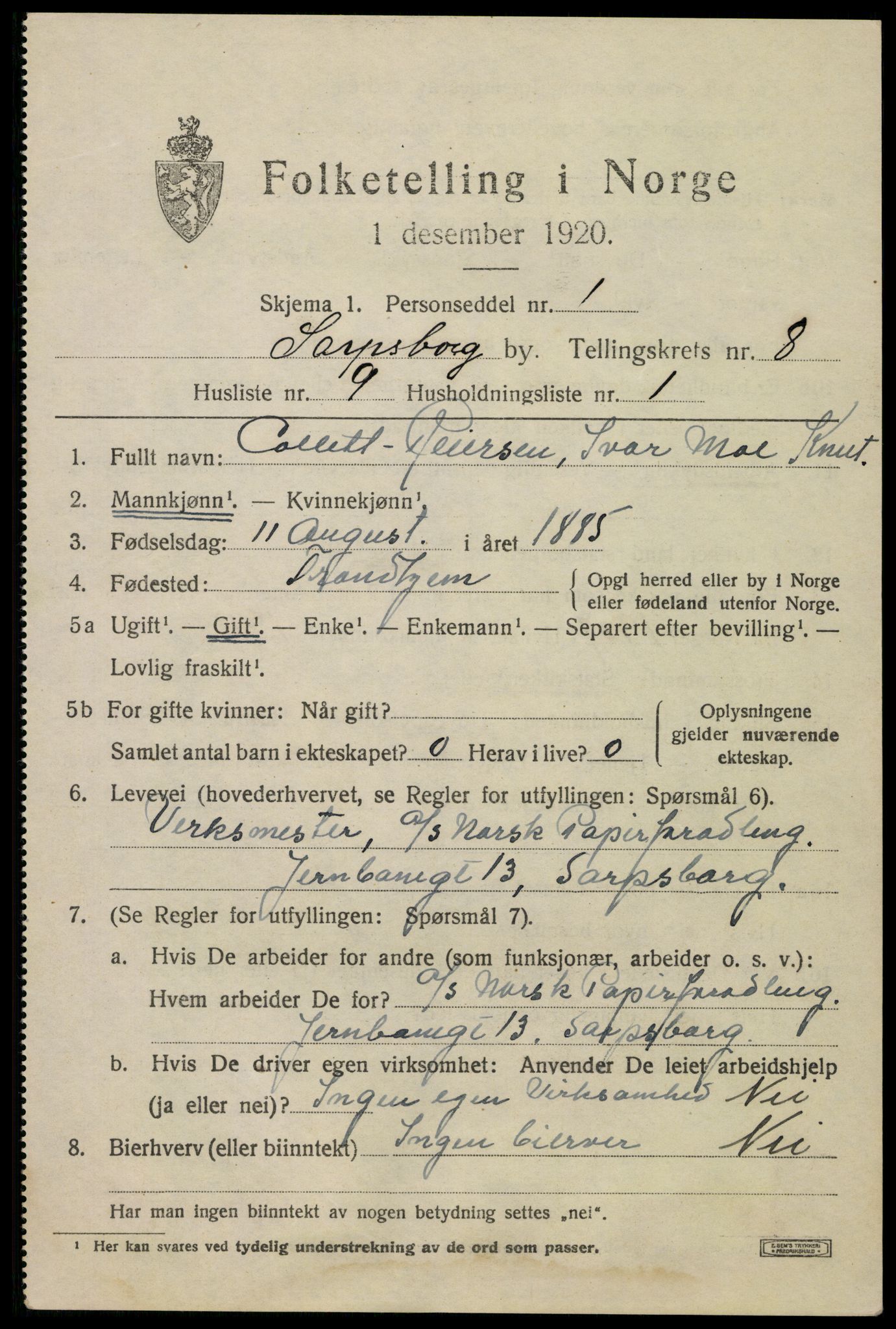 SAO, 1920 census for Sarpsborg, 1920, p. 17448