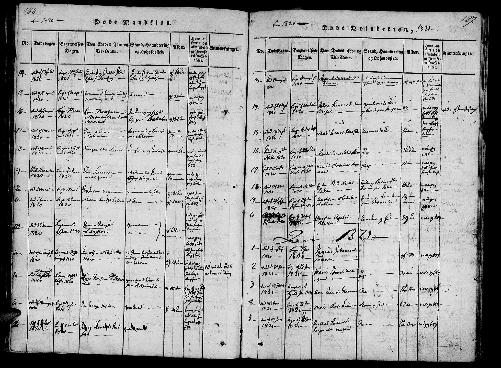 Ministerialprotokoller, klokkerbøker og fødselsregistre - Møre og Romsdal, AV/SAT-A-1454/592/L1023: Parish register (official) no. 592A02, 1820-1830, p. 186-187