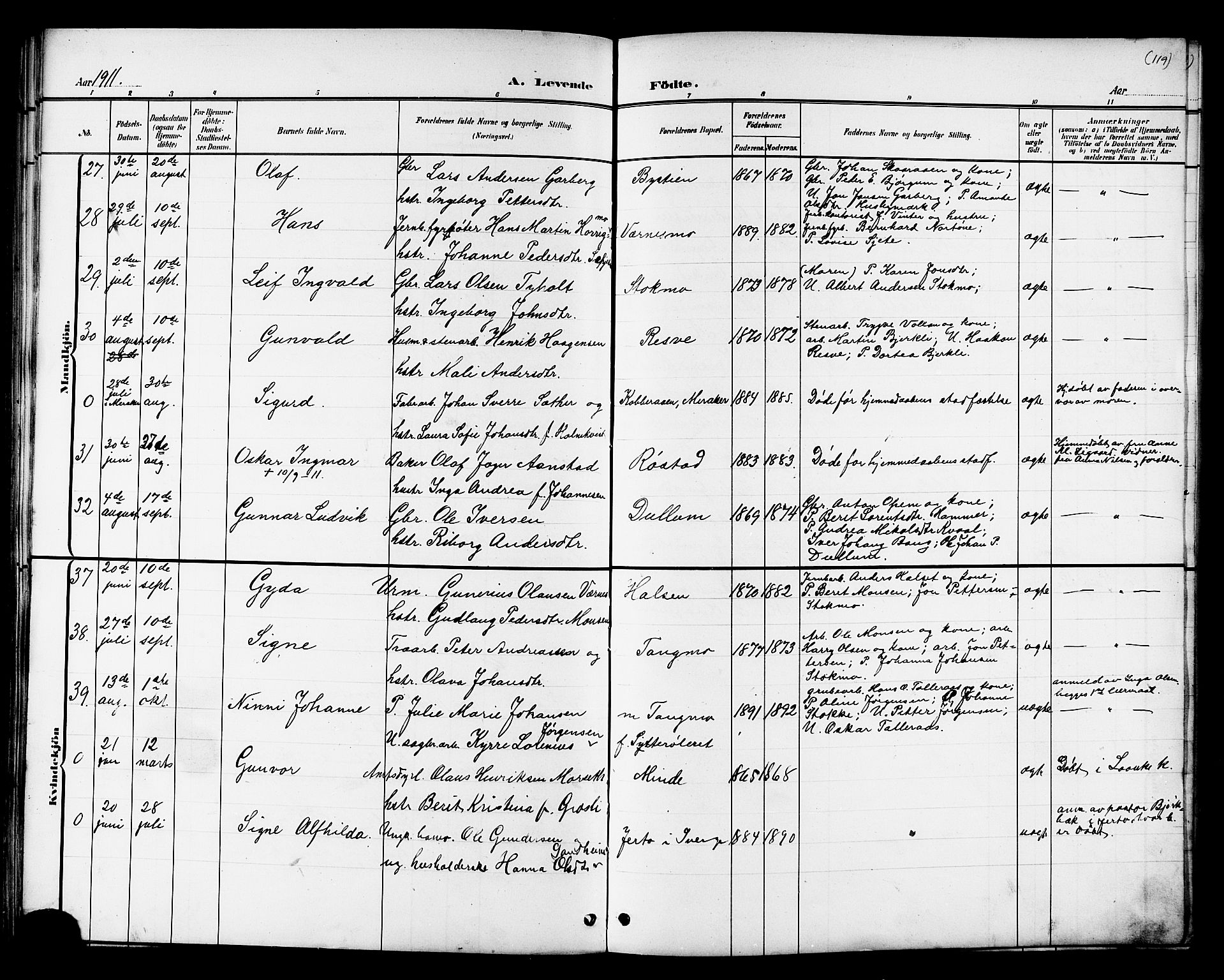 Ministerialprotokoller, klokkerbøker og fødselsregistre - Nord-Trøndelag, AV/SAT-A-1458/709/L0087: Parish register (copy) no. 709C01, 1892-1913, p. 119